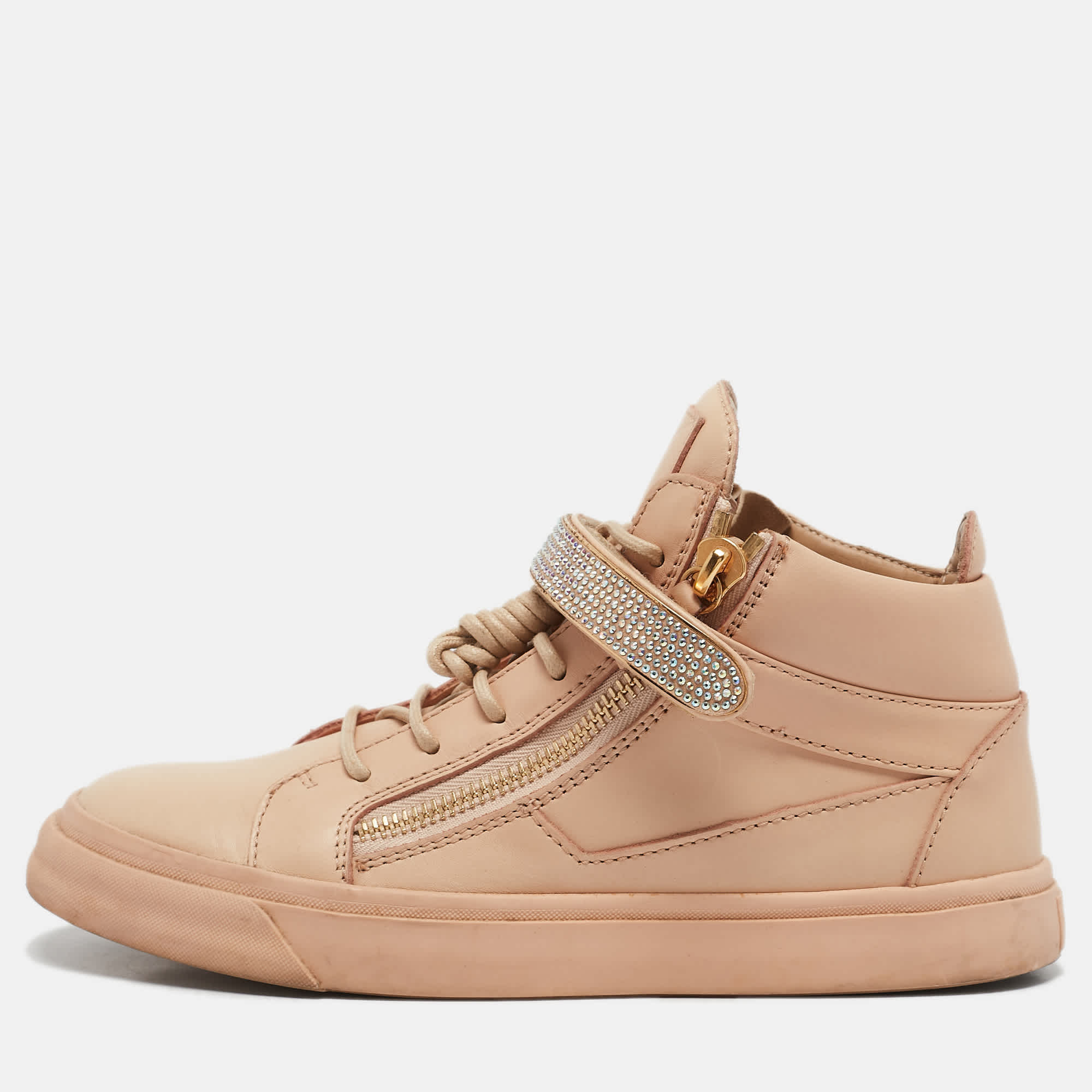 Giuseppe Zanotti Beige Leather Crystal Embellished Coby High Top Sneakers