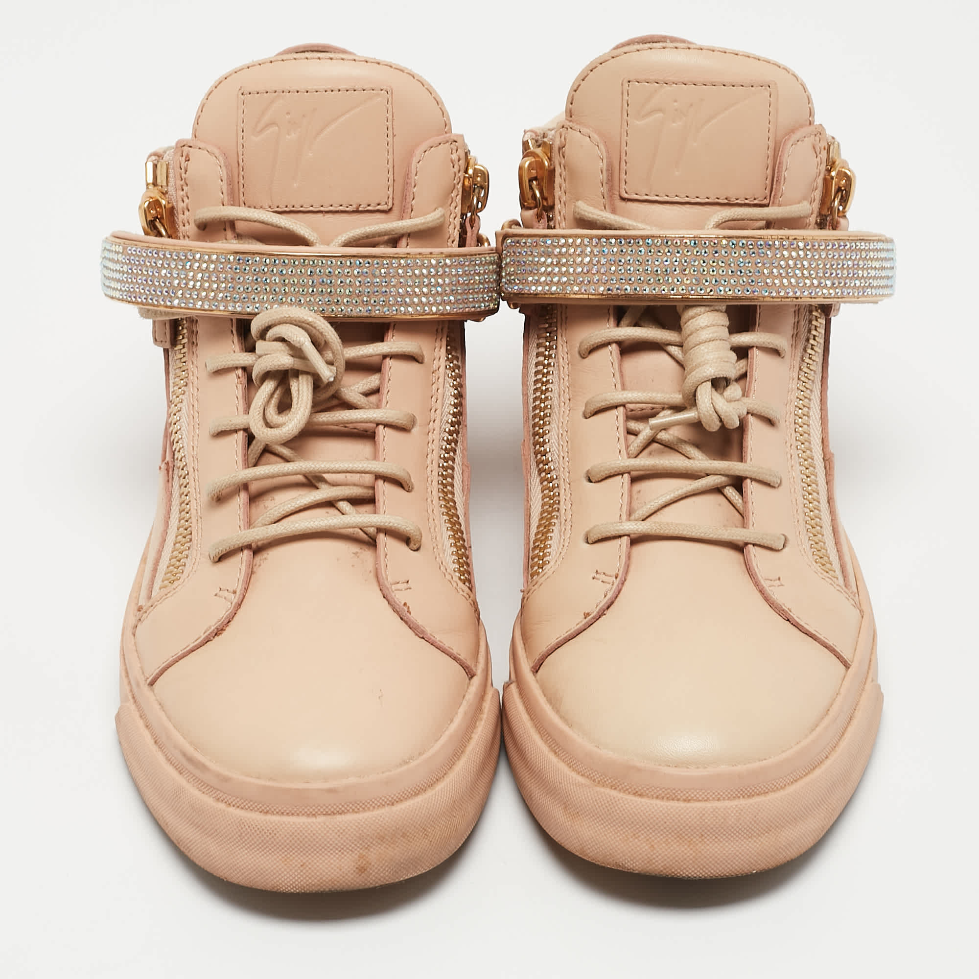 Giuseppe Zanotti Beige Leather Crystal Embellished Coby High Top Sneakers