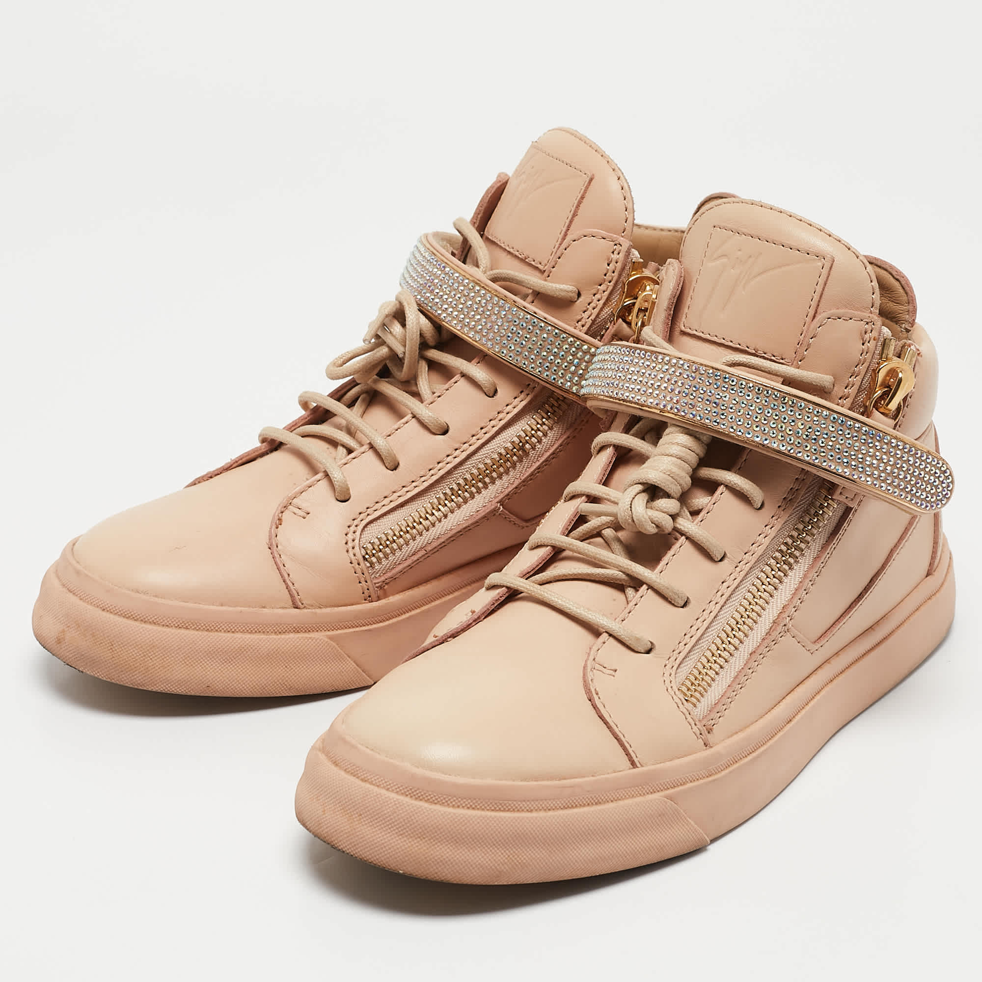 Giuseppe Zanotti Beige Leather Crystal Embellished Coby High Top Sneakers