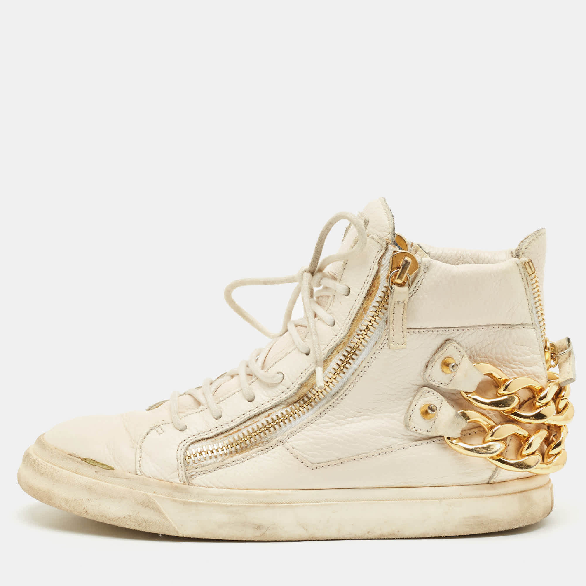 Giuseppe Zanotti Cream Leather Chain Detail High Top Sneakers