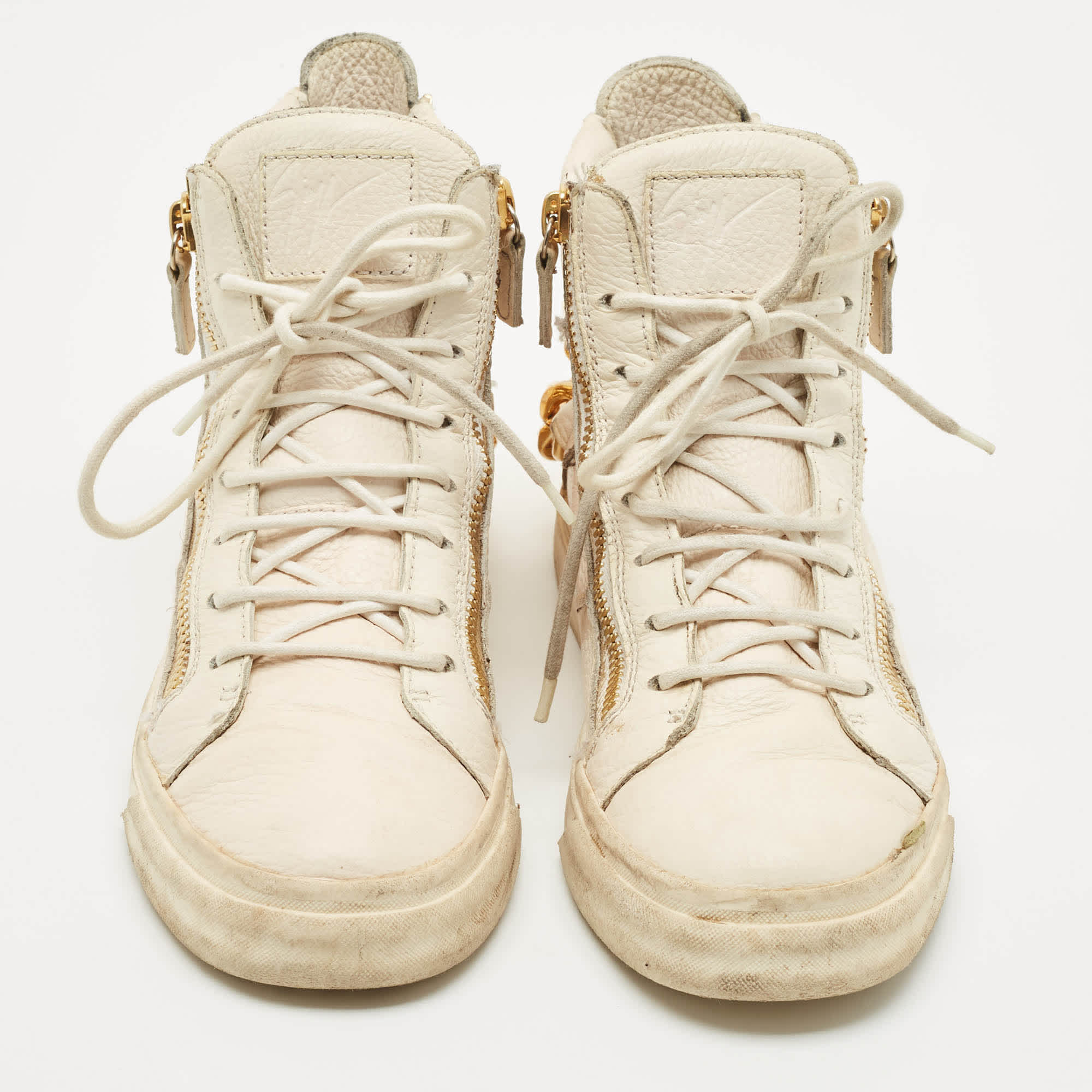 Giuseppe Zanotti Cream Leather Chain Detail High Top Sneakers
