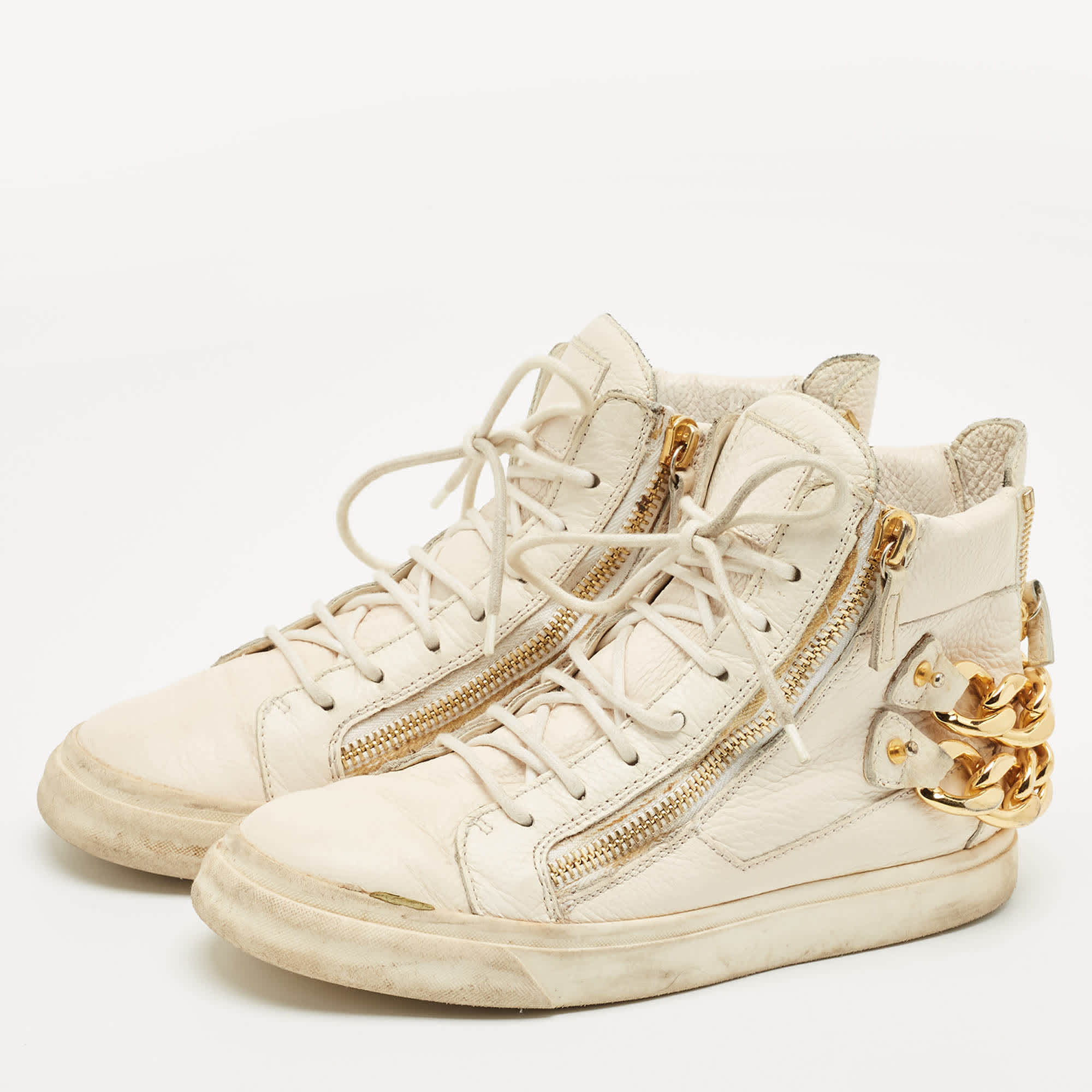 Giuseppe Zanotti Cream Leather Chain Detail High Top Sneakers