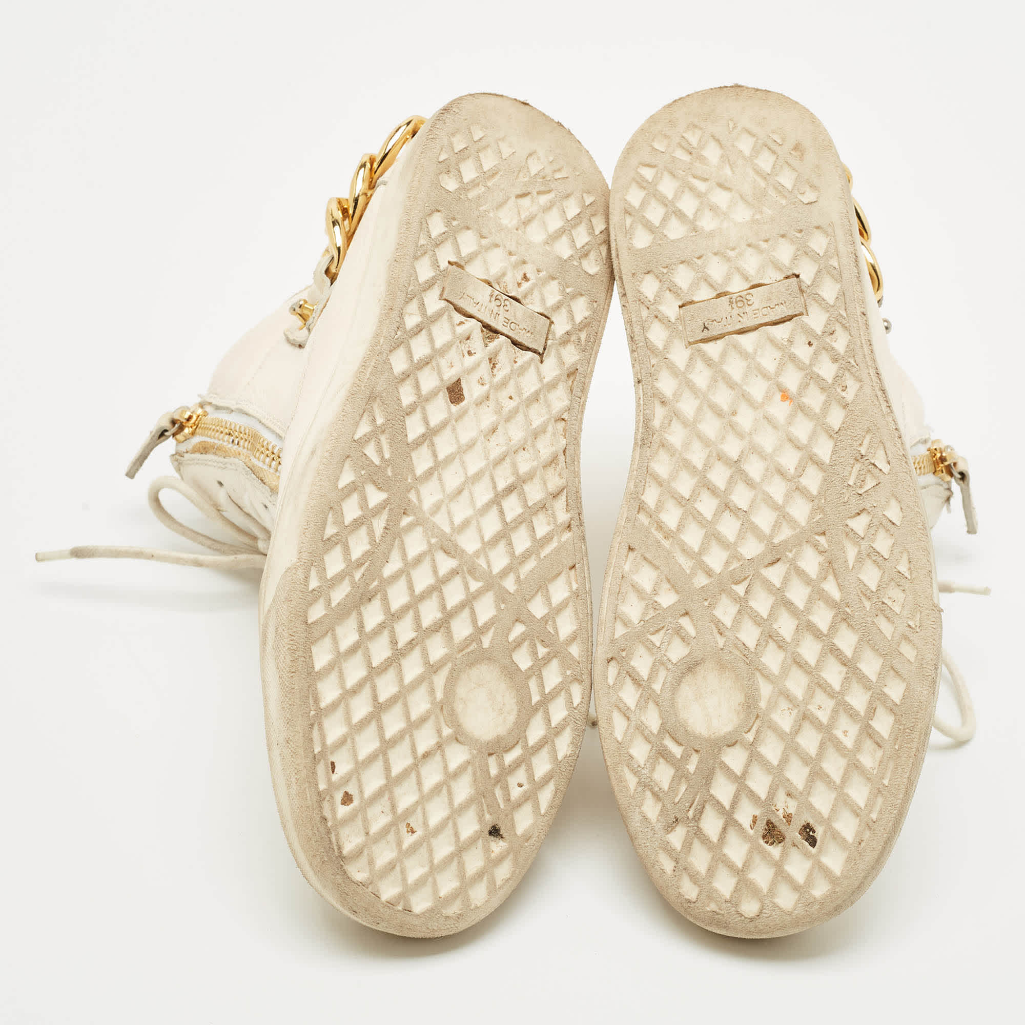 Giuseppe Zanotti Cream Leather Chain Detail High Top Sneakers