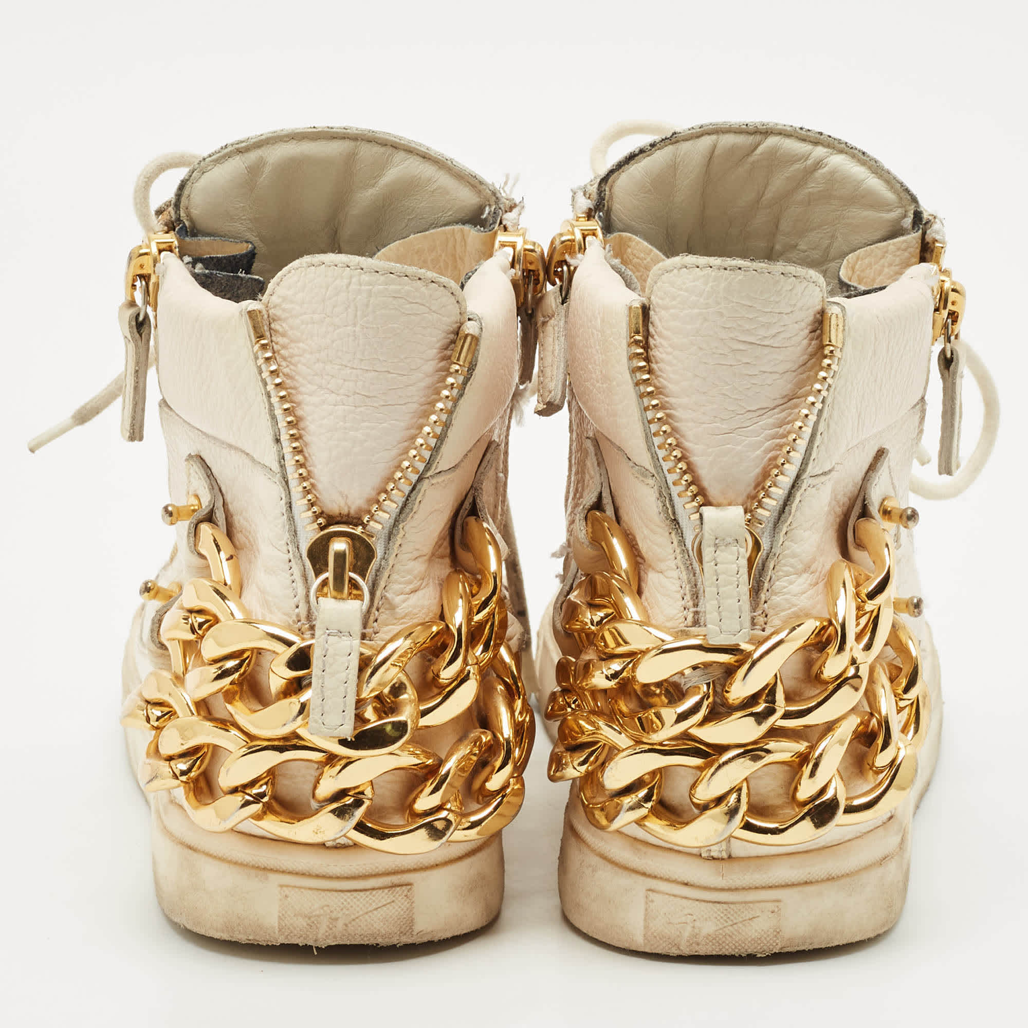 Giuseppe Zanotti Cream Leather Chain Detail High Top Sneakers
