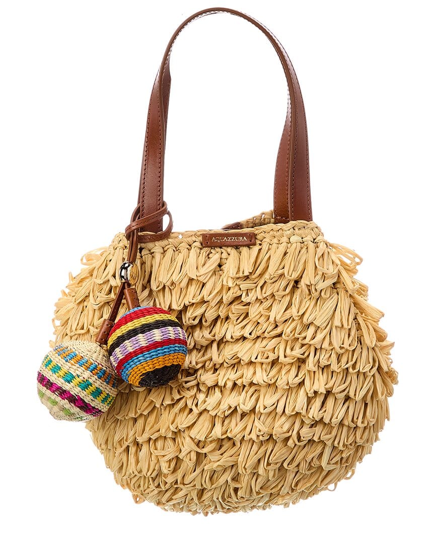 Aquazzura Pompom Mini Raffia & Leather Tote