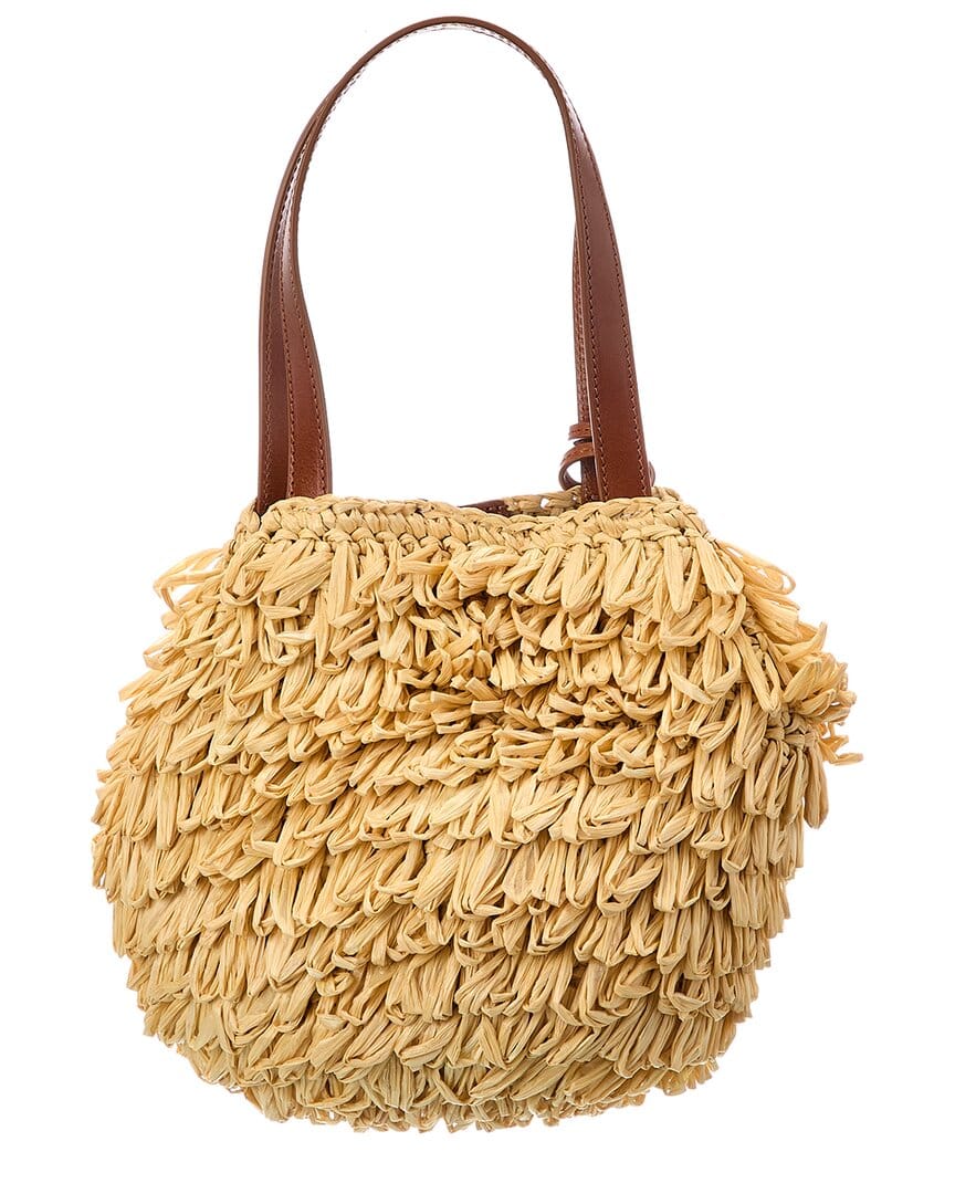 Aquazzura Pompom Mini Raffia & Leather Tote