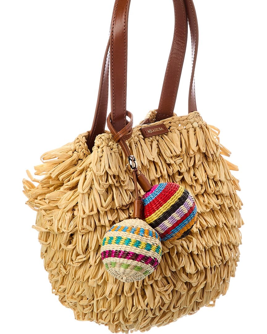 Aquazzura Pompom Mini Raffia & Leather Tote
