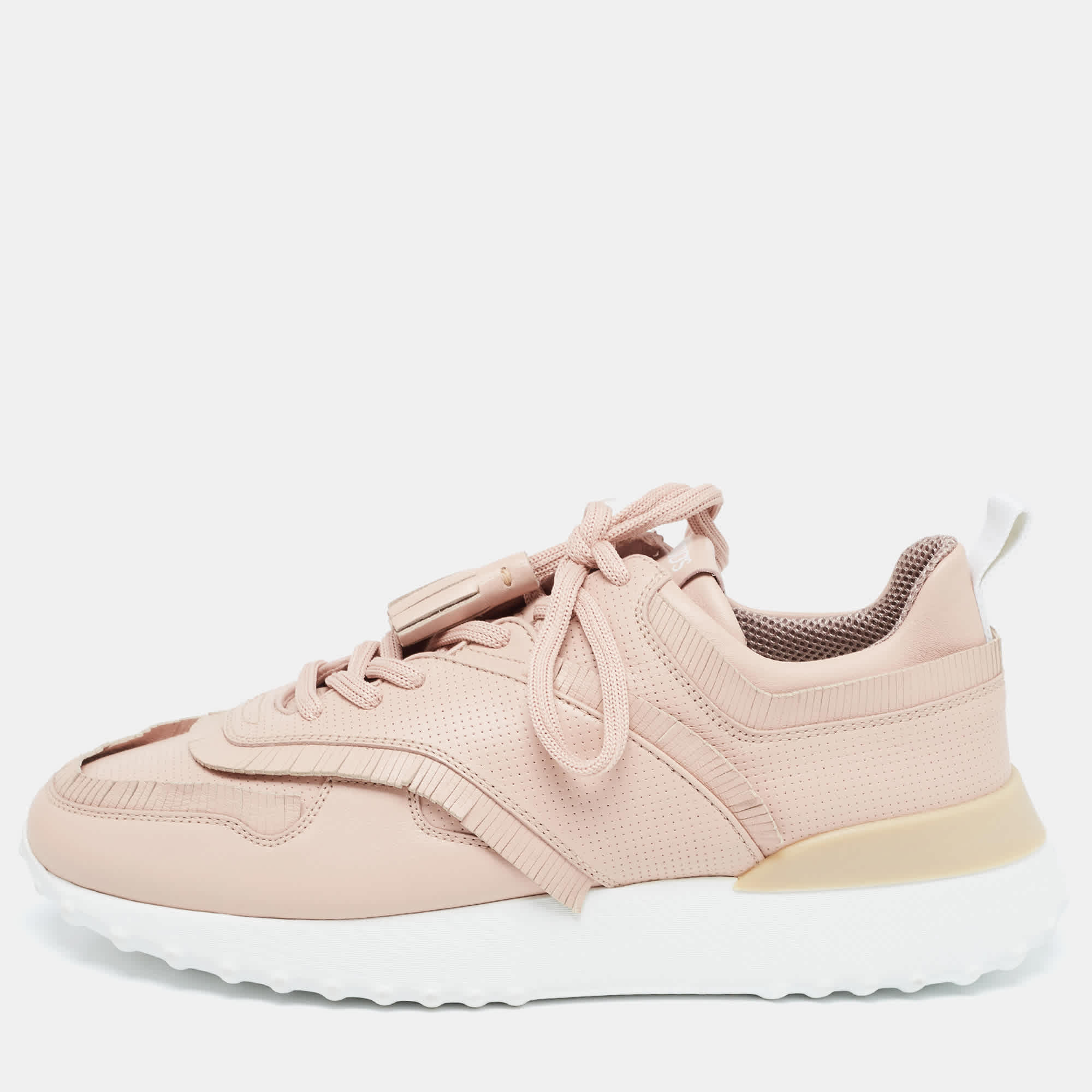 Tod's Pink Perforated Leather Fringed Low Top Sneakers