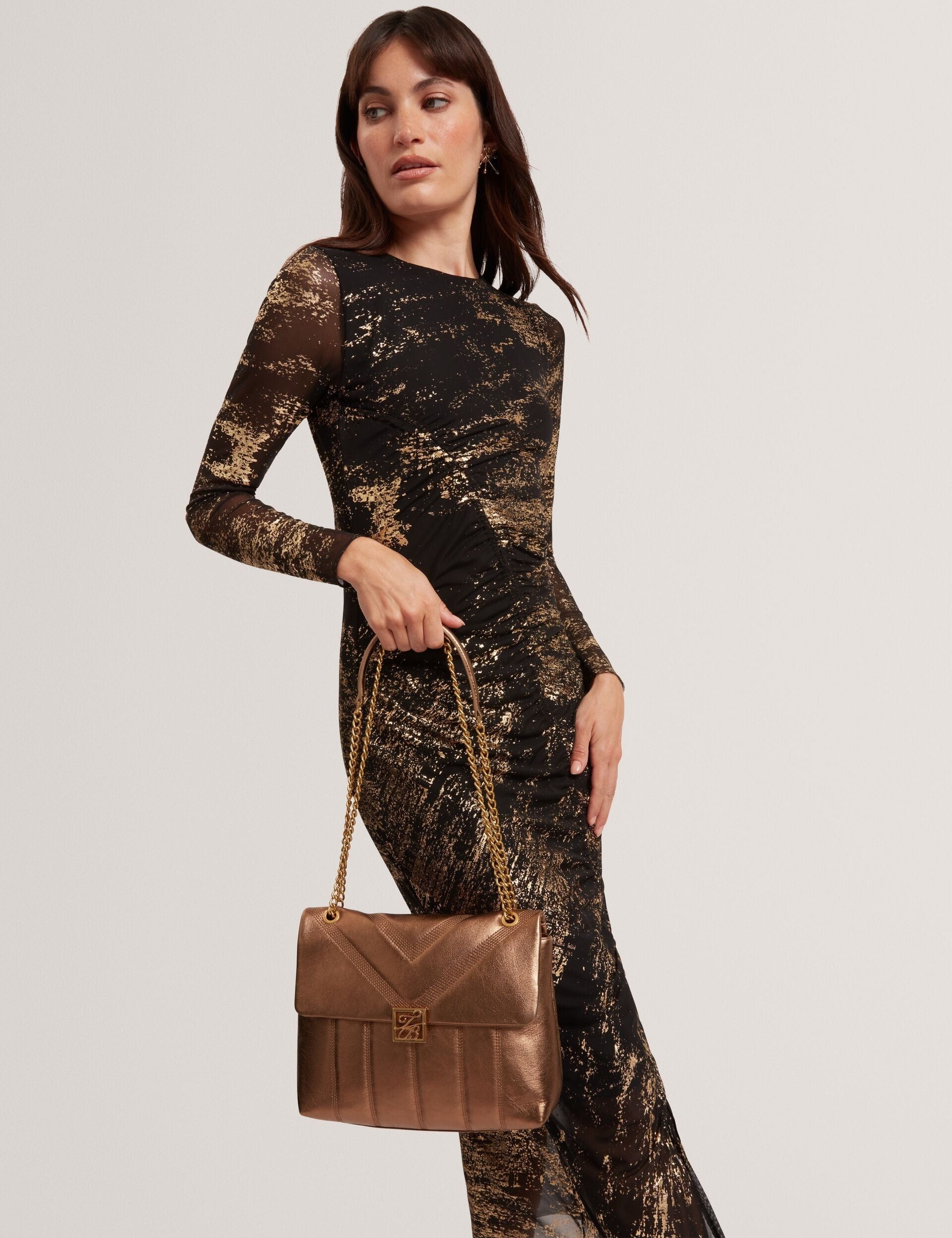 Ted Baker Anisiaa Metallic Leather Tb Detail Shoulder Bag Gold Women's