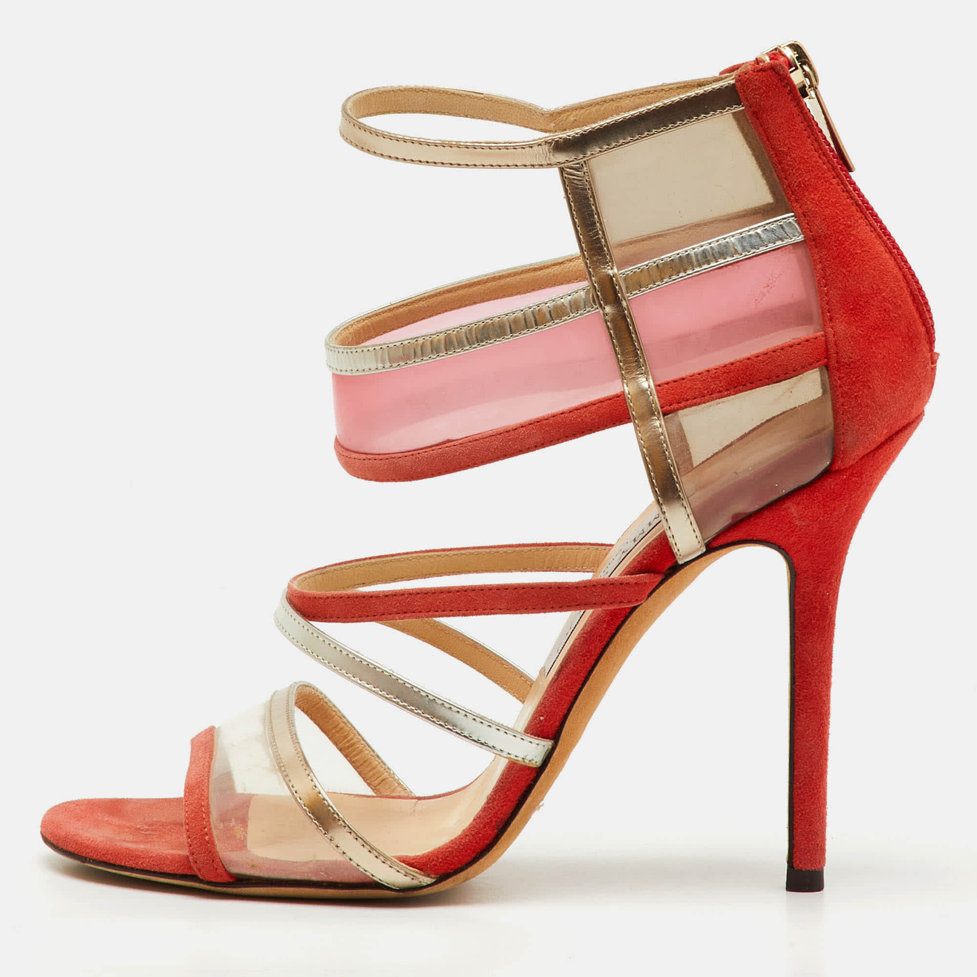 Jimmy Choo Orange/metallic Suede Pvc And Leather Strappy Sandals