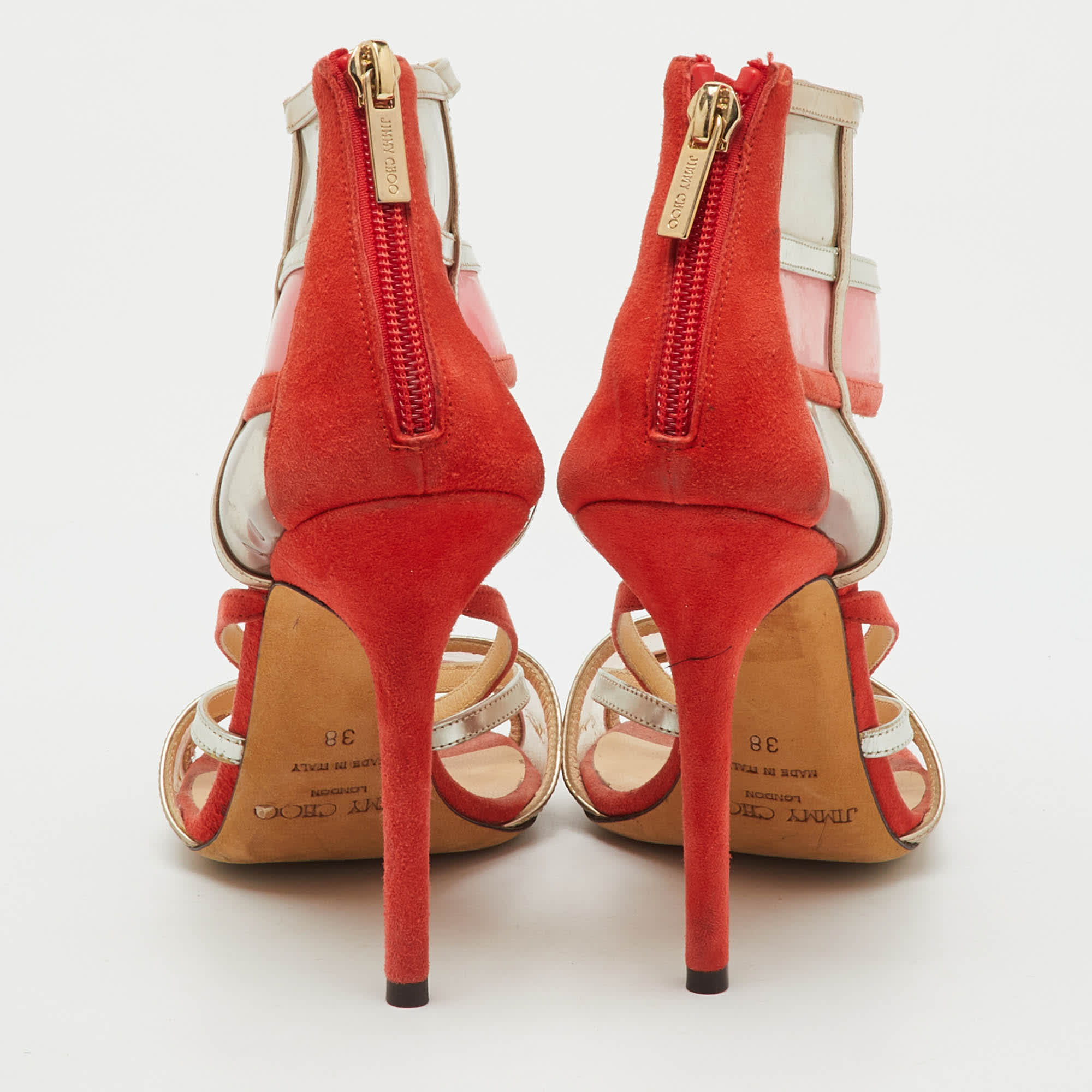 Jimmy Choo Orange/metallic Suede Pvc And Leather Strappy Sandals