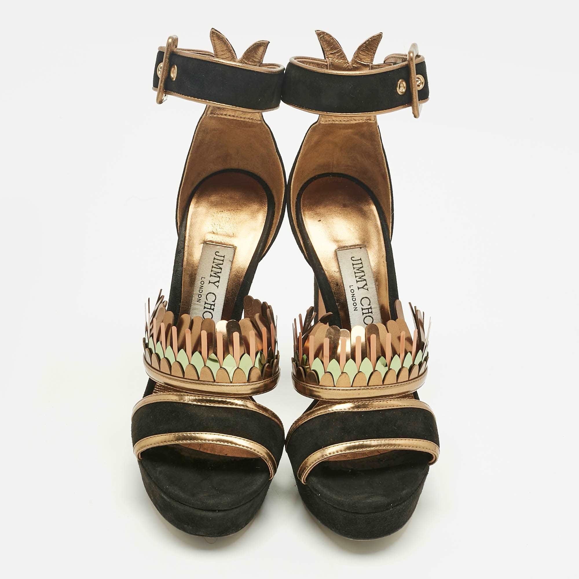 Jimmy Choo Black/gold Suede Kathleen Open Toe Ankle Cuff Sandals