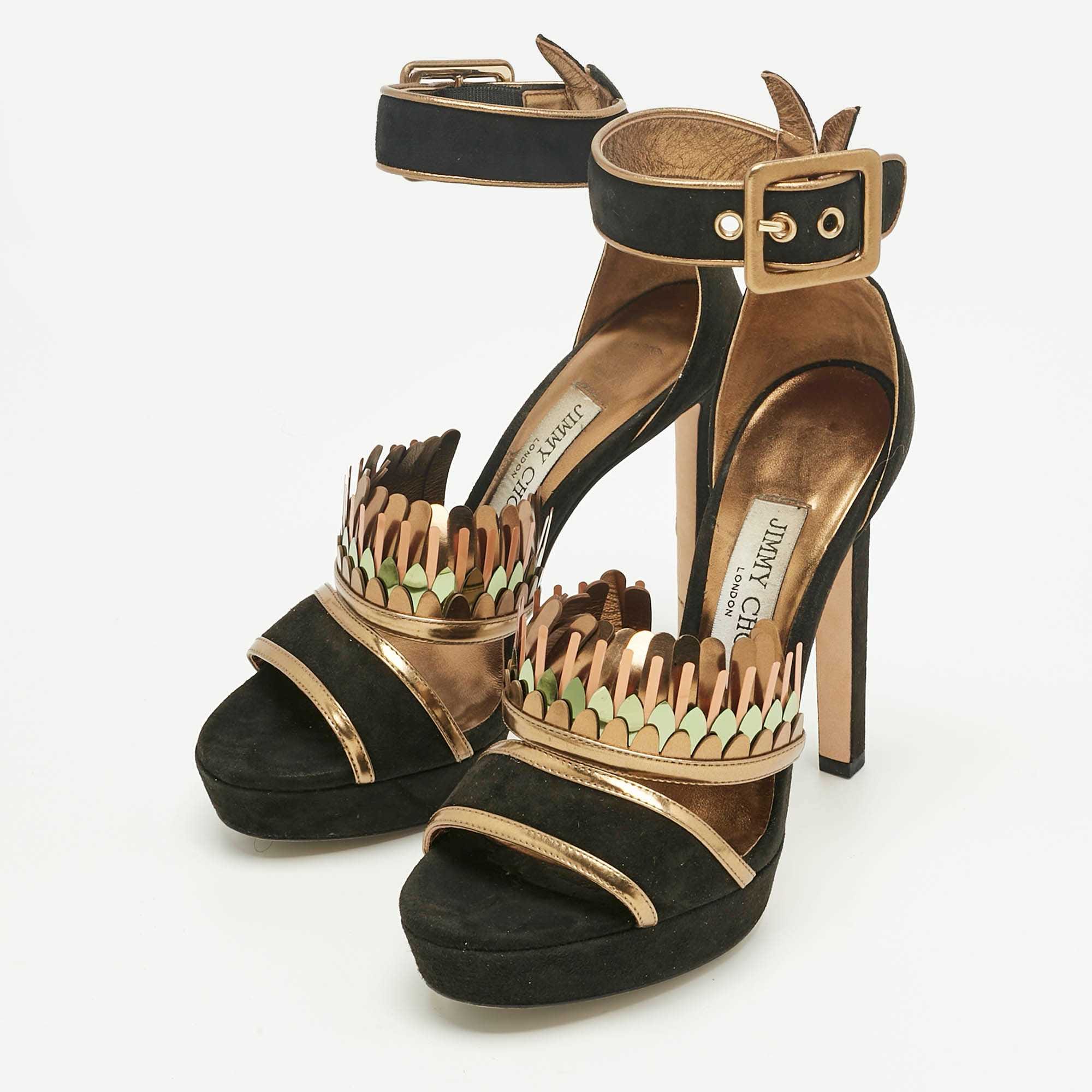 Jimmy Choo Black/gold Suede Kathleen Open Toe Ankle Cuff Sandals