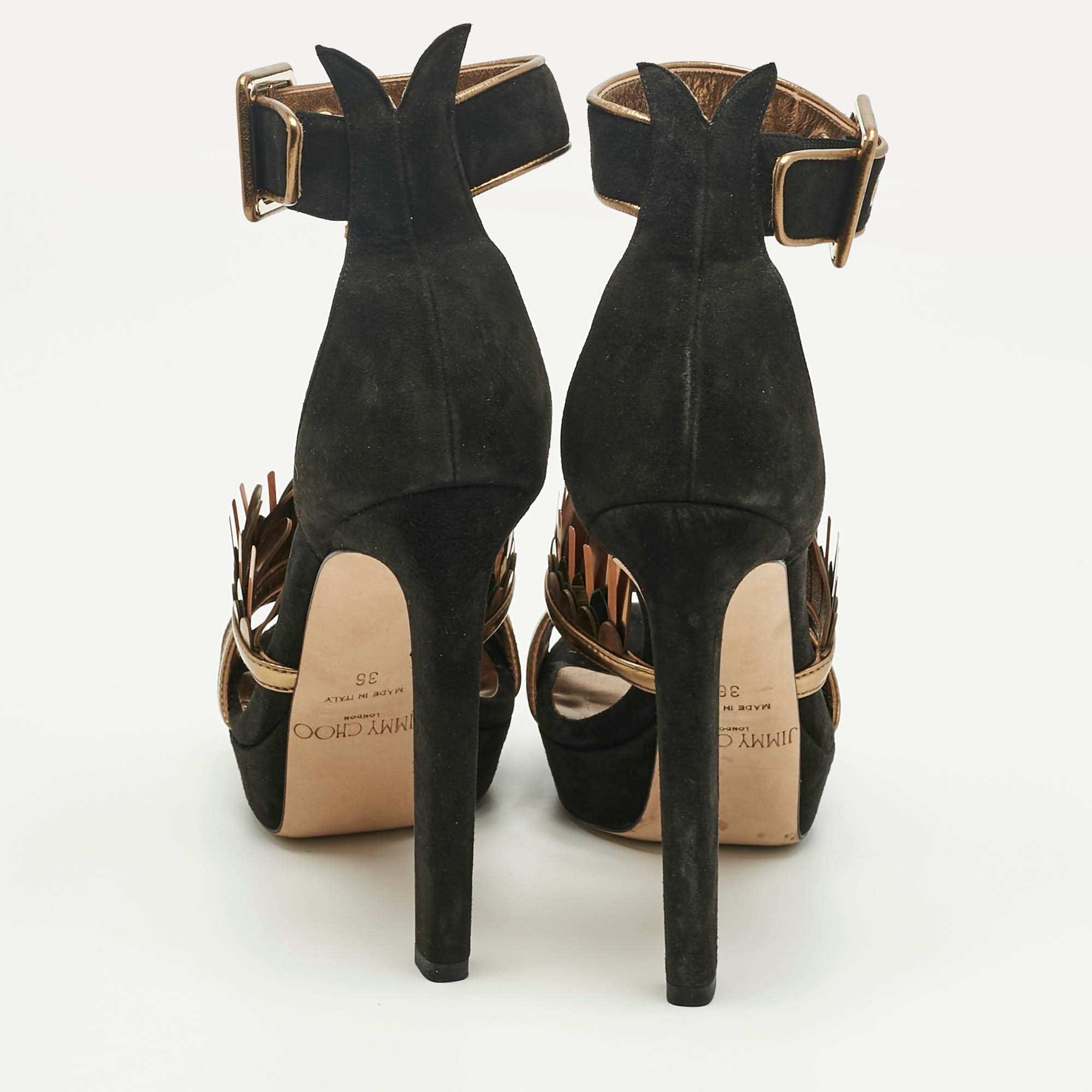 Jimmy Choo Black/gold Suede Kathleen Open Toe Ankle Cuff Sandals