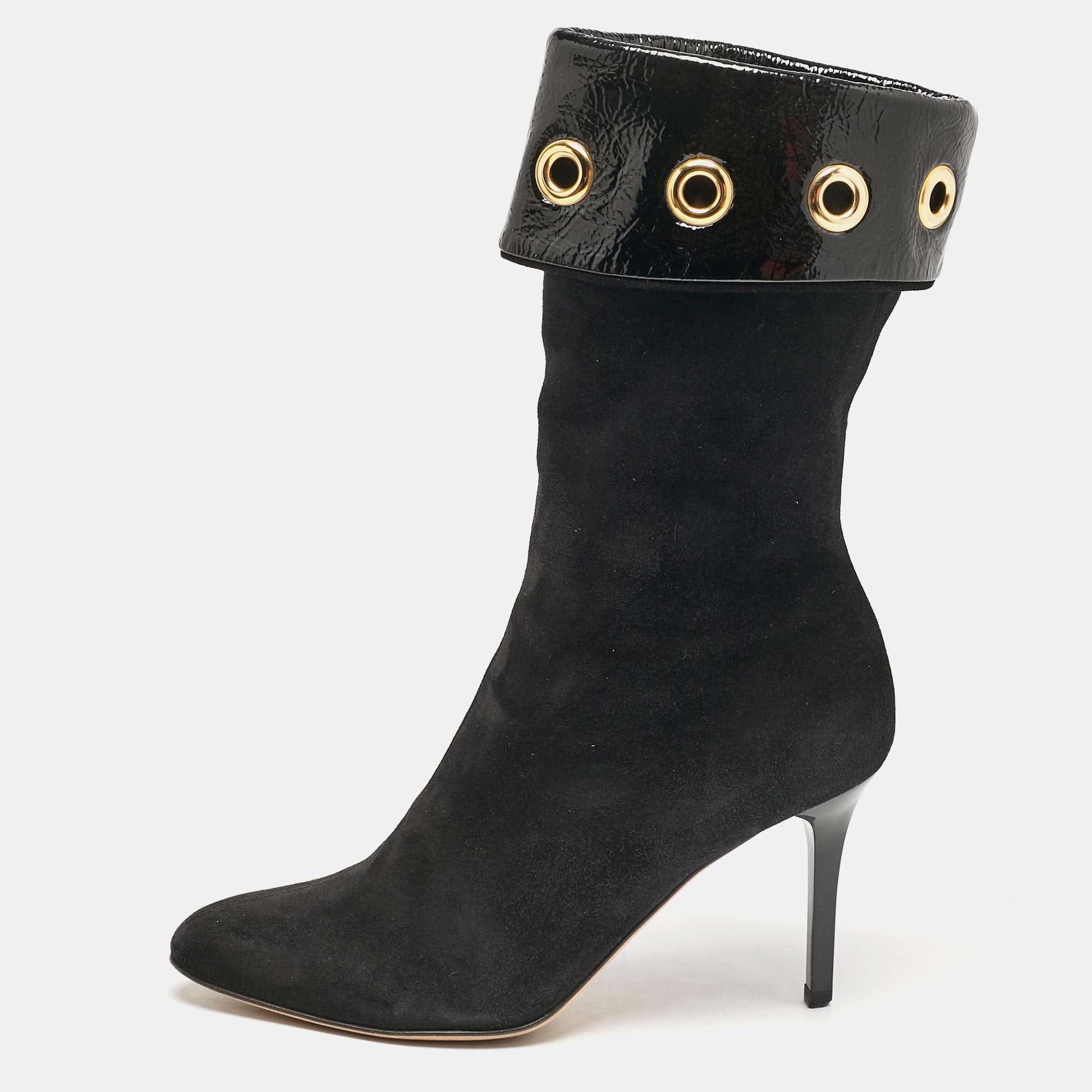 Jimmy Choo Black Patent Leather And Suede Eyelet Mid Calf Boots