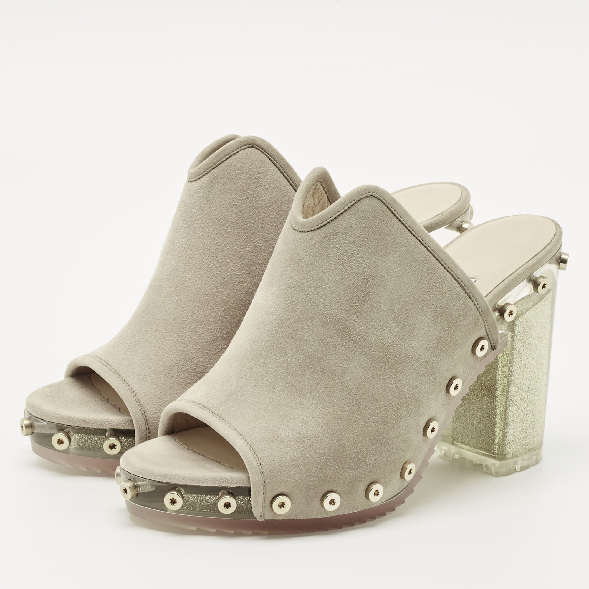 Jimmy Choo Grey Suede Studded Open Toe Mules