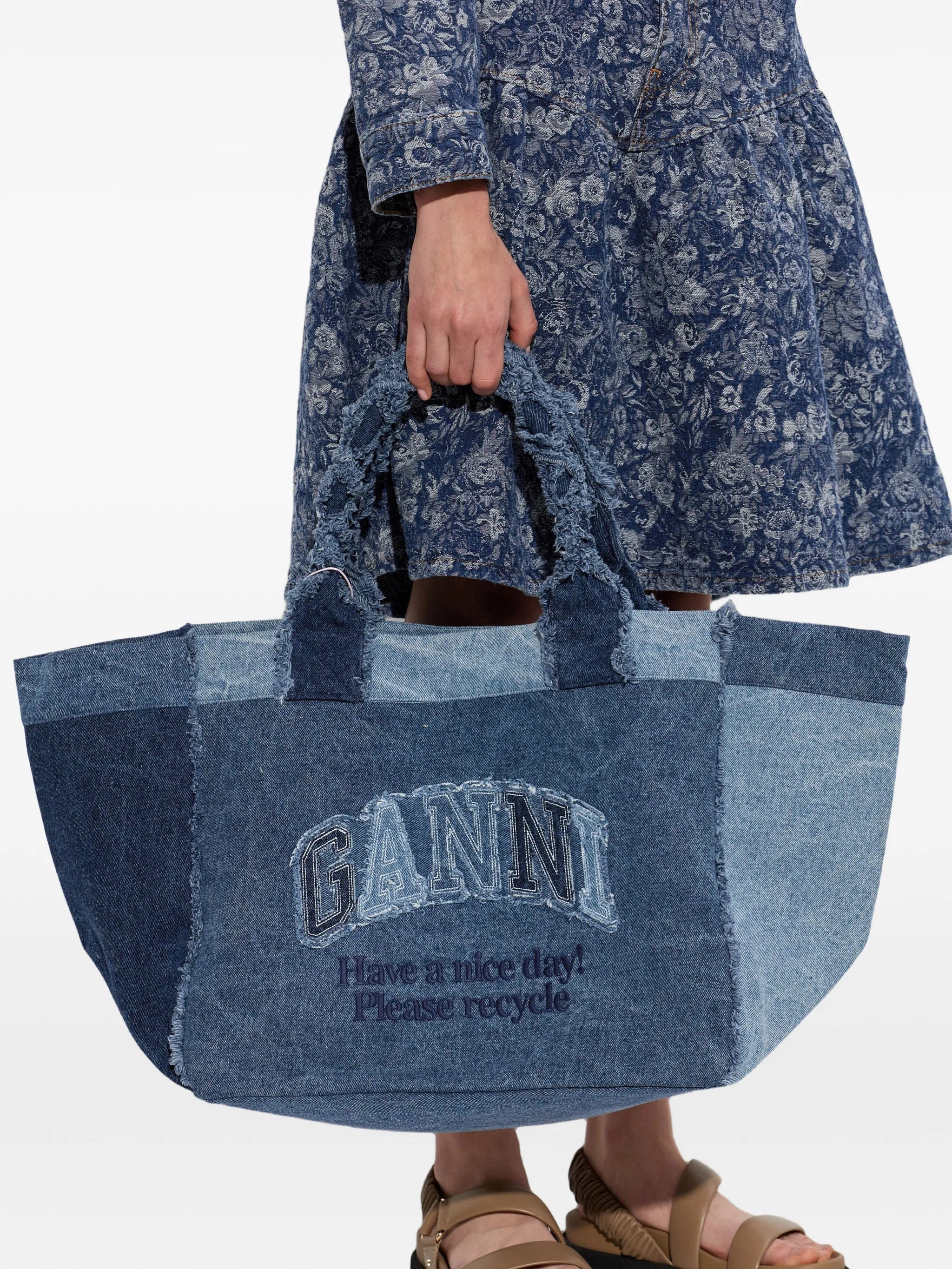 GANNI patchwork frayed - edge tote bag
