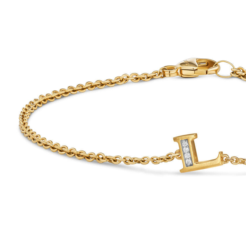 David Yurman Petite Pavé Initial Chain Bracelet in 18K Yellow Gold with Diamond L