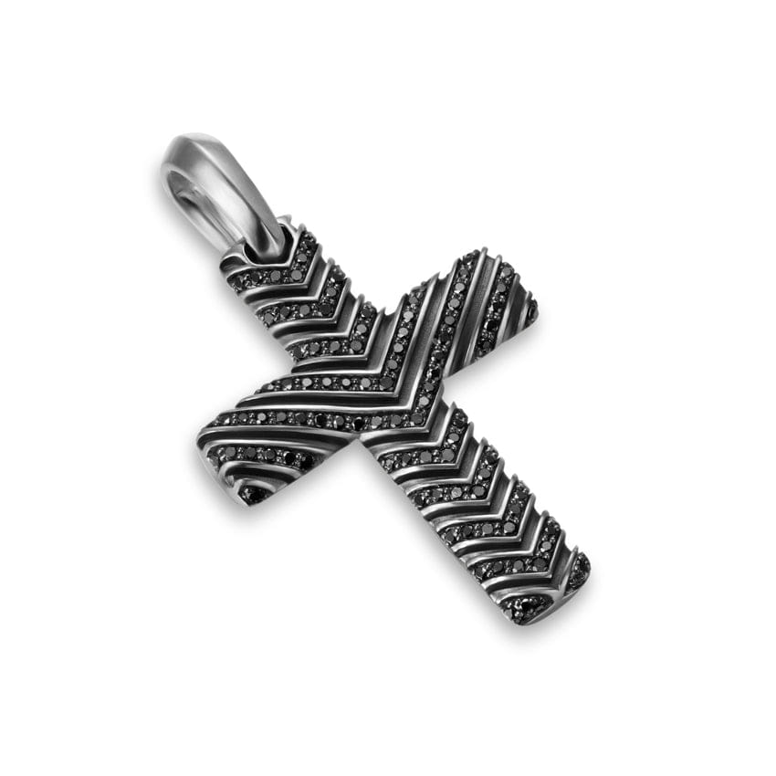 David Yurman Chevron Cross Pendant in Sterling Silver with Black Diamonds, 36 mm