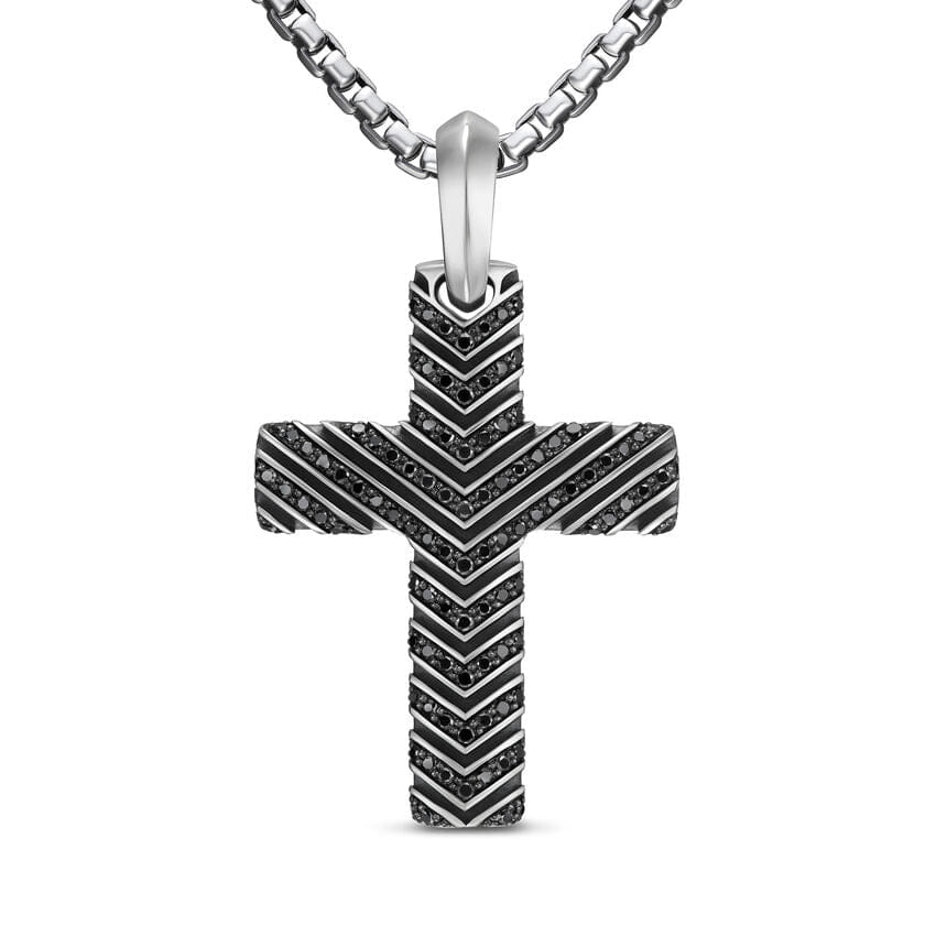 David Yurman Chevron Cross Pendant in Sterling Silver with Black Diamonds, 36 mm