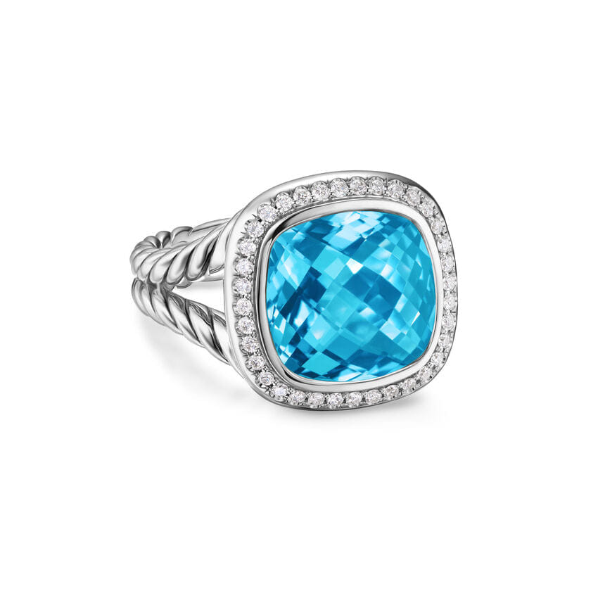 David Yurman Albion Ring in Sterling Silver with Blue Topaz and Diamonds, 11 mm, Size 6