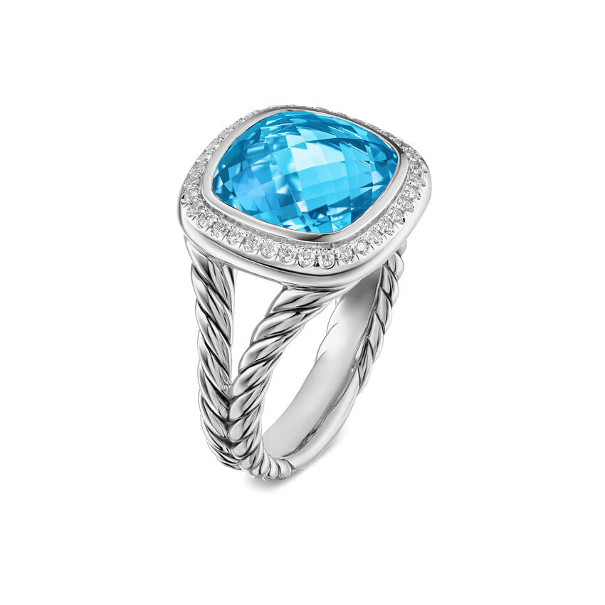 David Yurman Albion Ring in Sterling Silver with Blue Topaz and Diamonds, 11 mm, Size 6