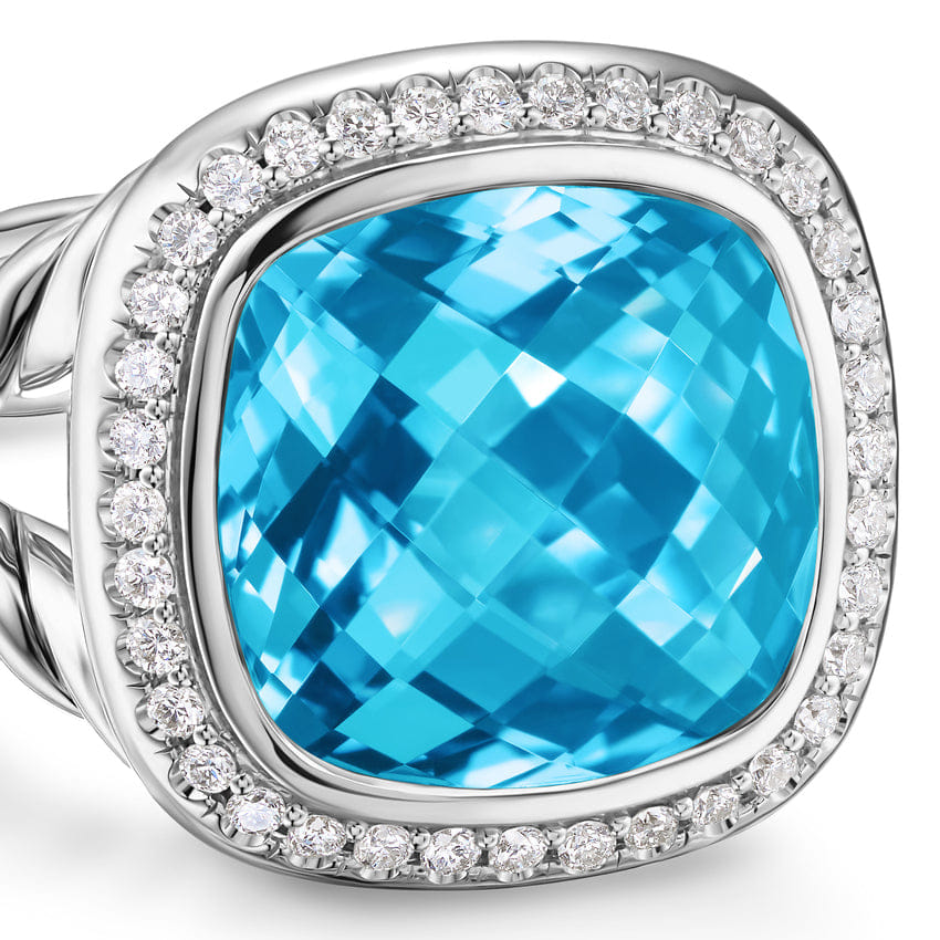 David Yurman Albion Ring in Sterling Silver with Blue Topaz and Diamonds, 11 mm, Size 6