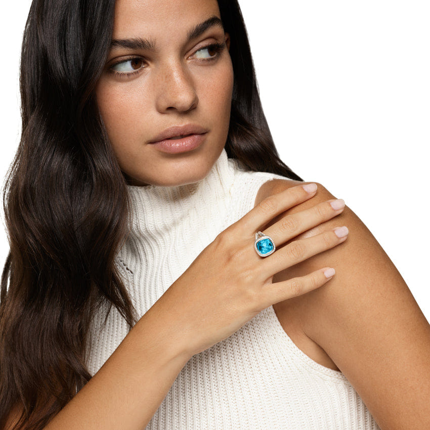 David Yurman Albion Ring in Sterling Silver with Blue Topaz and Diamonds, 11 mm, Size 6