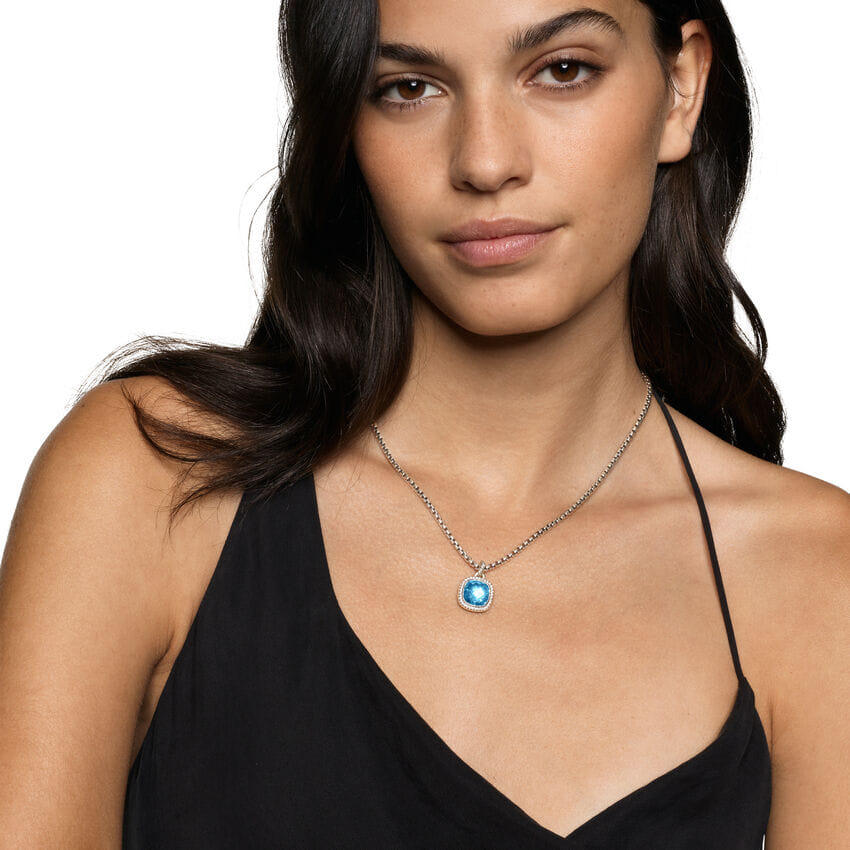 David Yurman Albion Pendant in Sterling Silver with Blue Topaz and Diamonds, 11 mm