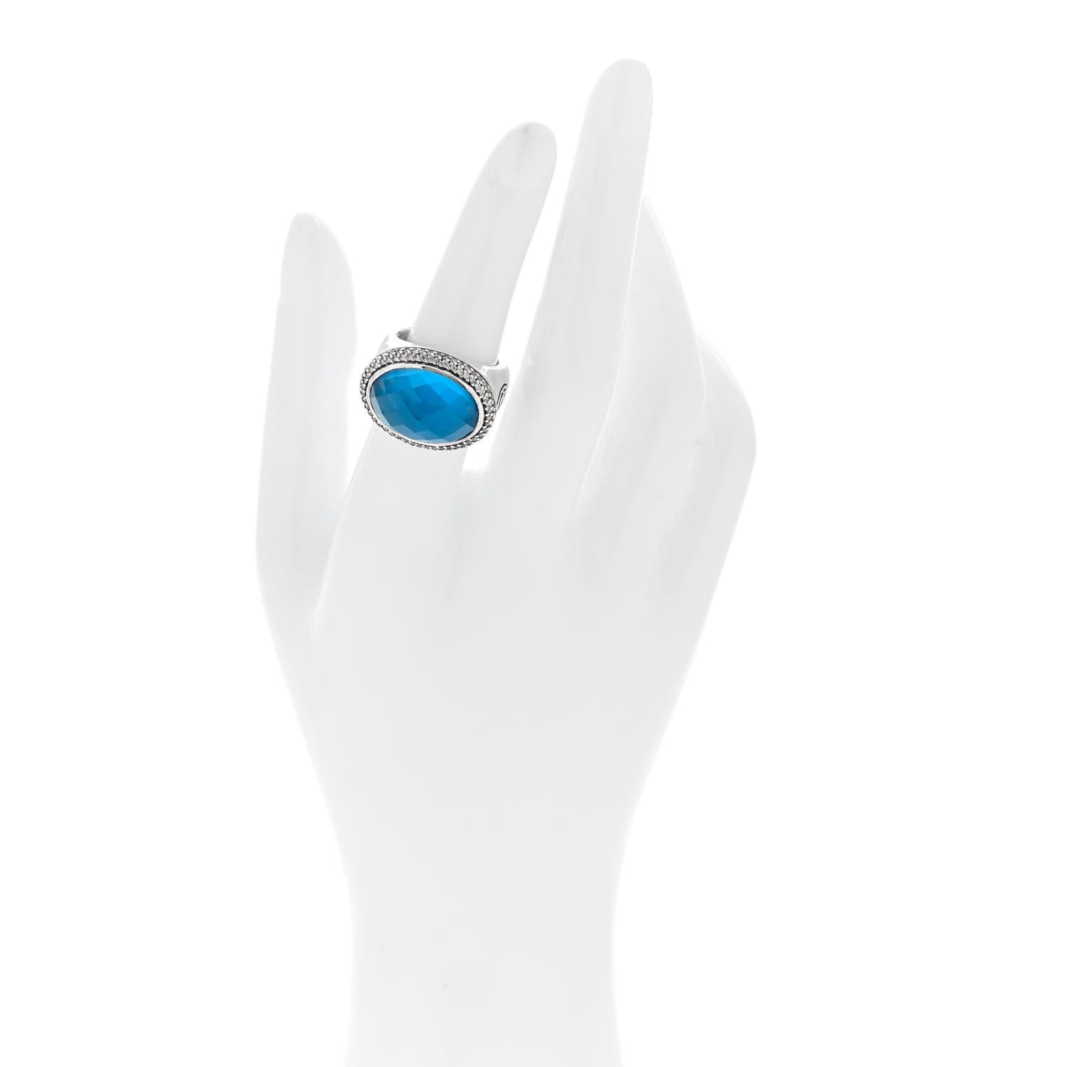David Yurman Sterling Silver Diamond Blue Topaz 18 mm Signature Oval Ring 52 6