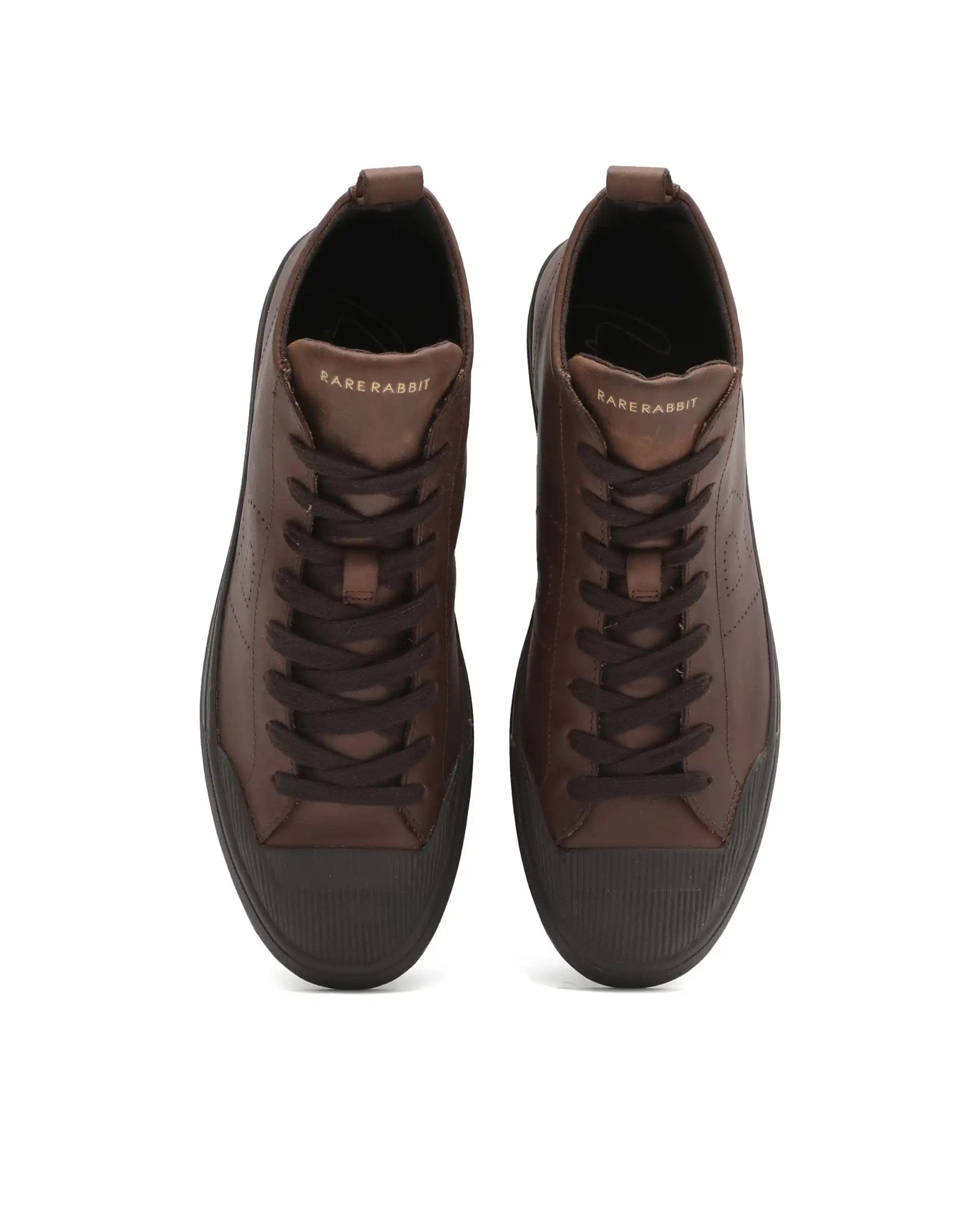 RAREZ Rare Rabbit Men's Sauroil Hi Pro Brown High Top Lace Up Premium Oil Pull - Up Leather Sneaker