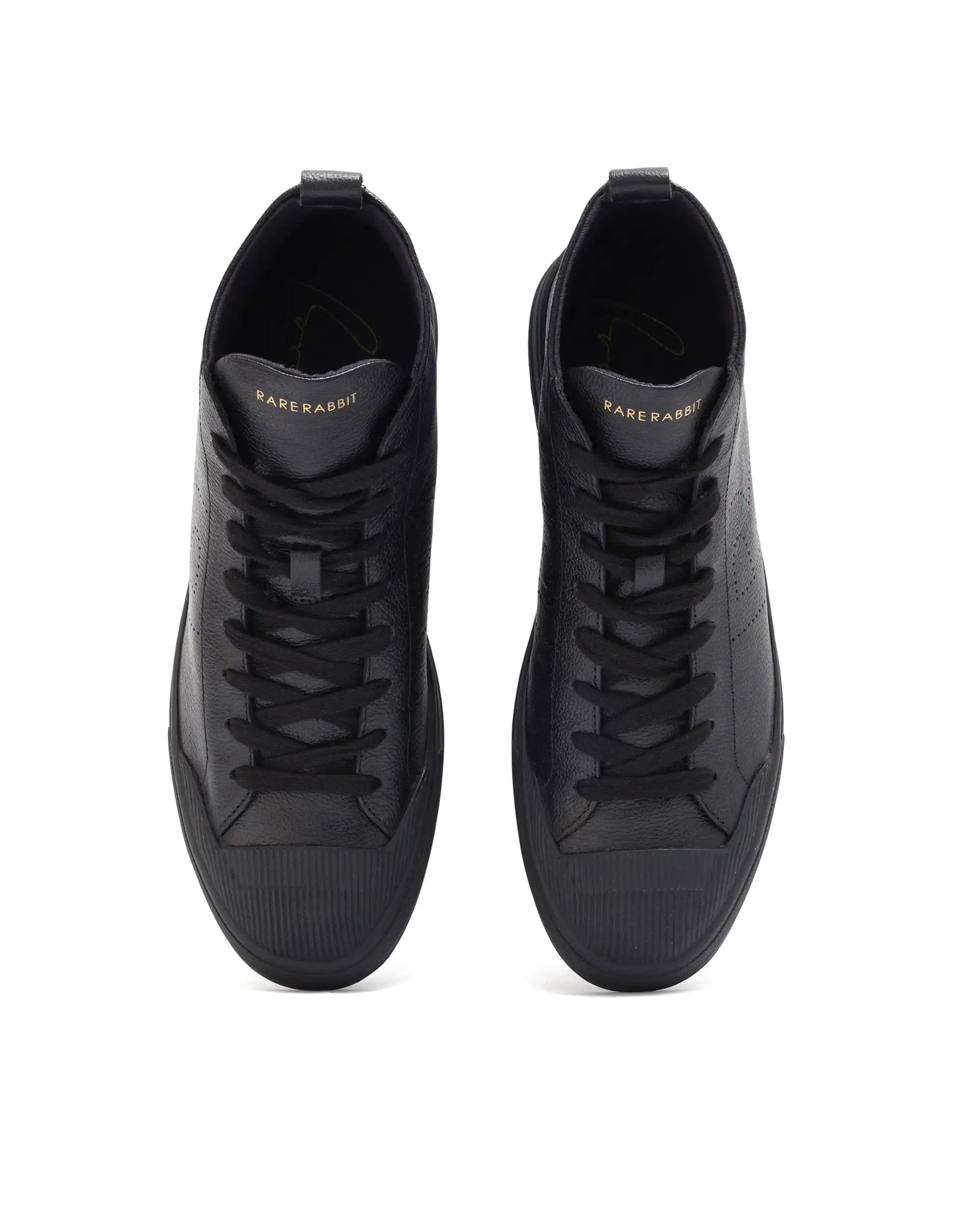 RAREZ Rare Rabbit Mens Sauron Hi Pro Black Premium Milled Leather Lace Up High Top Round Toe Sneaker Shoes