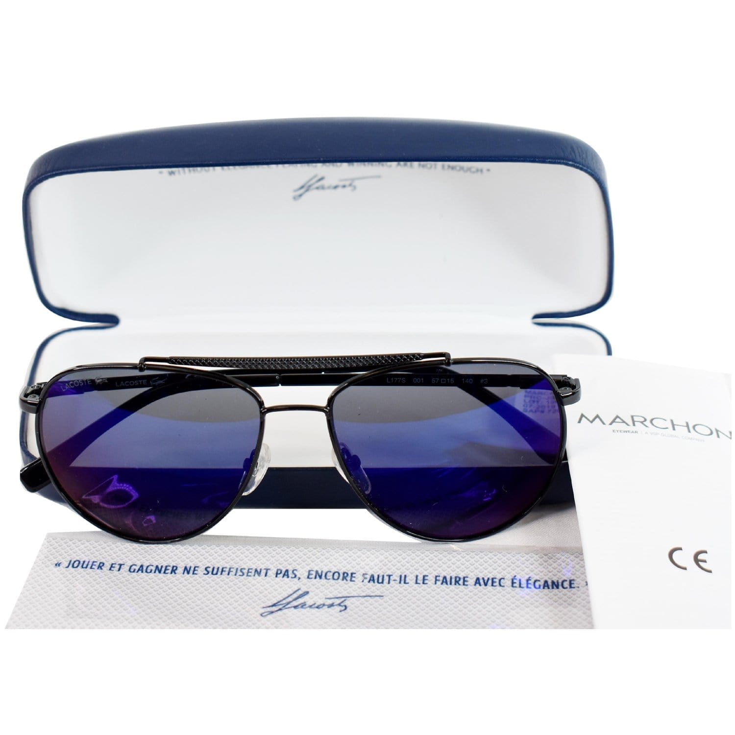 LACOSTE L177S 001 57 Pilot Unisex Black Sunglasses Blue Lens