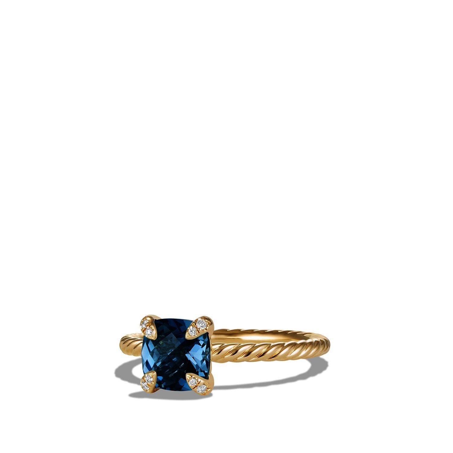 David Yurman Ring with Hampton Blue Topaz and Diamonds in 18K Gold, Size 6