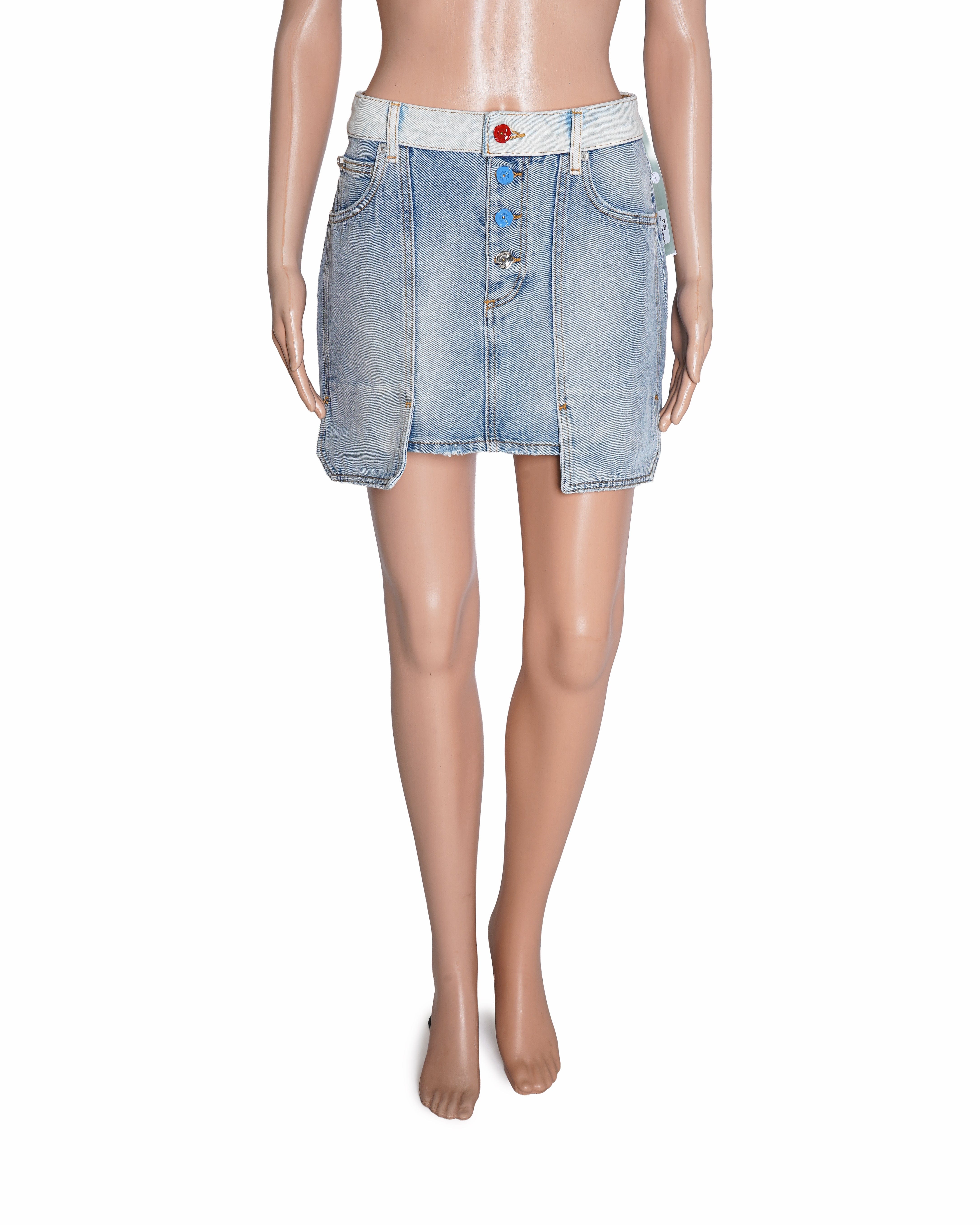 Off - White Light Wash Deconstructed Denim Mini Skirt