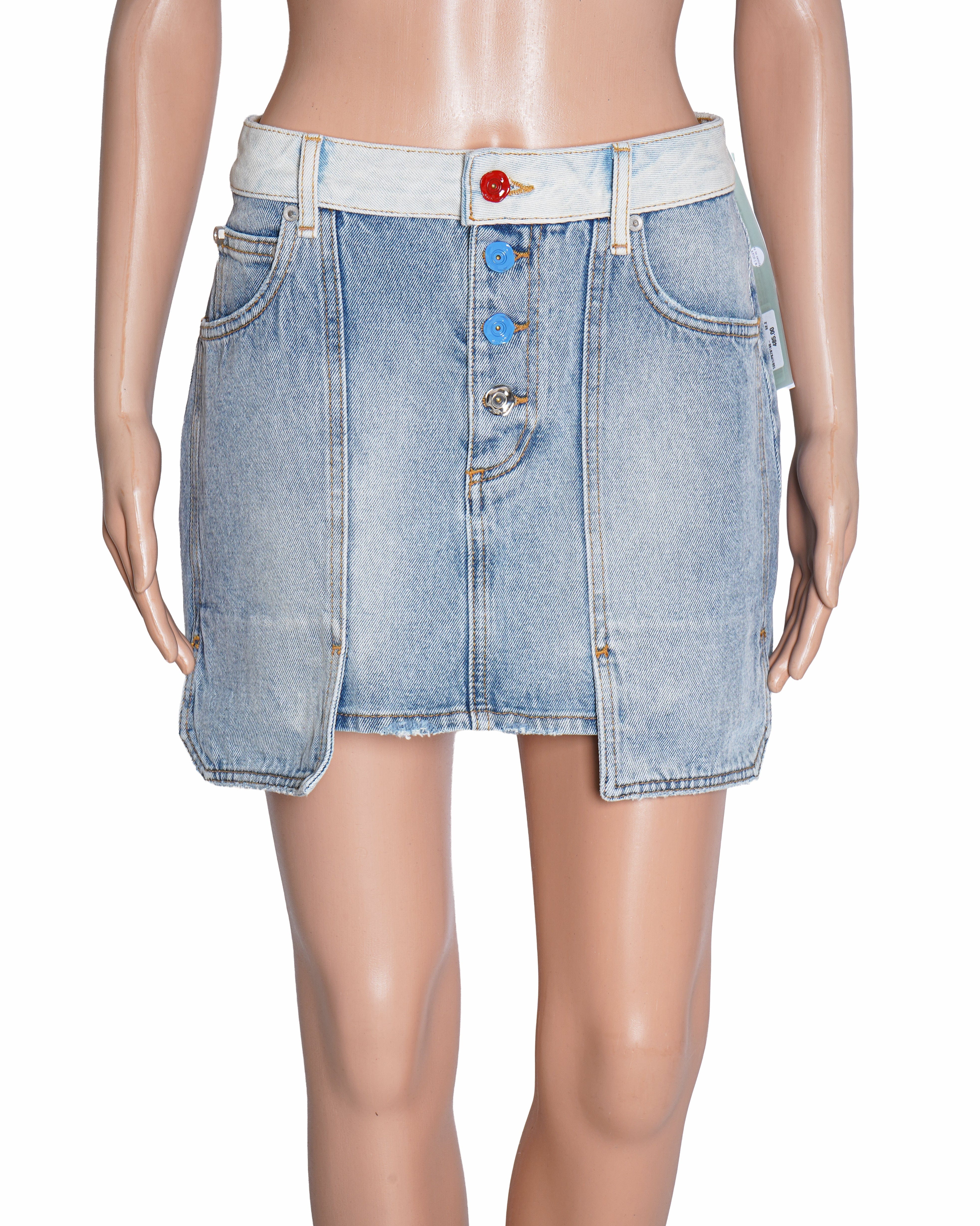 Off - White Light Wash Deconstructed Denim Mini Skirt