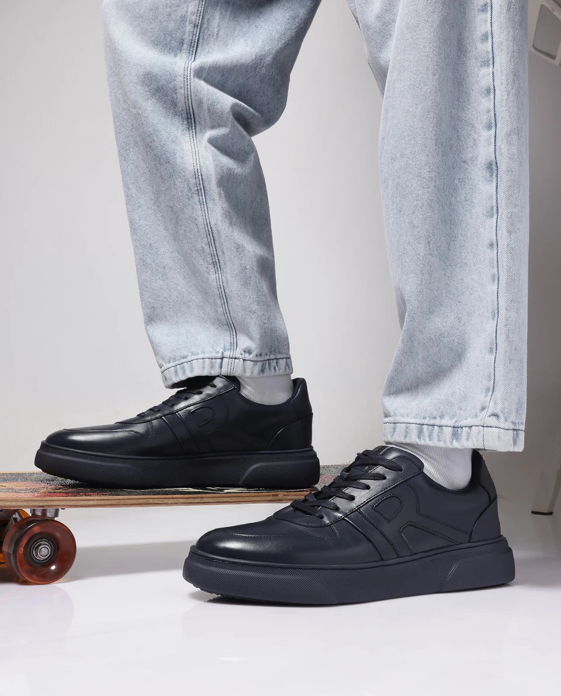 RAREZ Rare Rabbit Men's Cygnus Navy Genuine Leather Monotone Low - Top Lace - Up Branded Sneaker Shoes