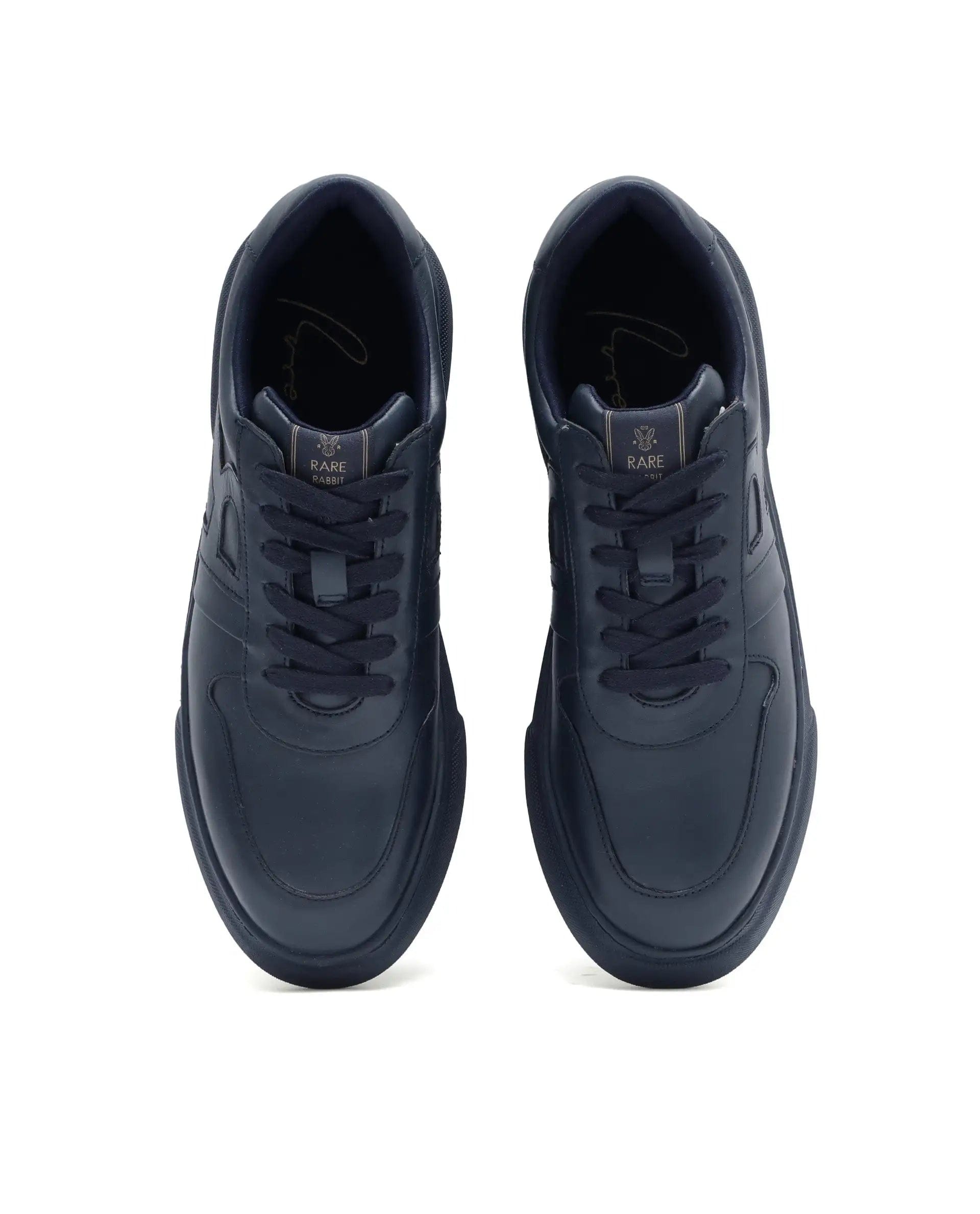 RAREZ Rare Rabbit Men's Cygnus Navy Genuine Leather Monotone Low - Top Lace - Up Branded Sneaker Shoes