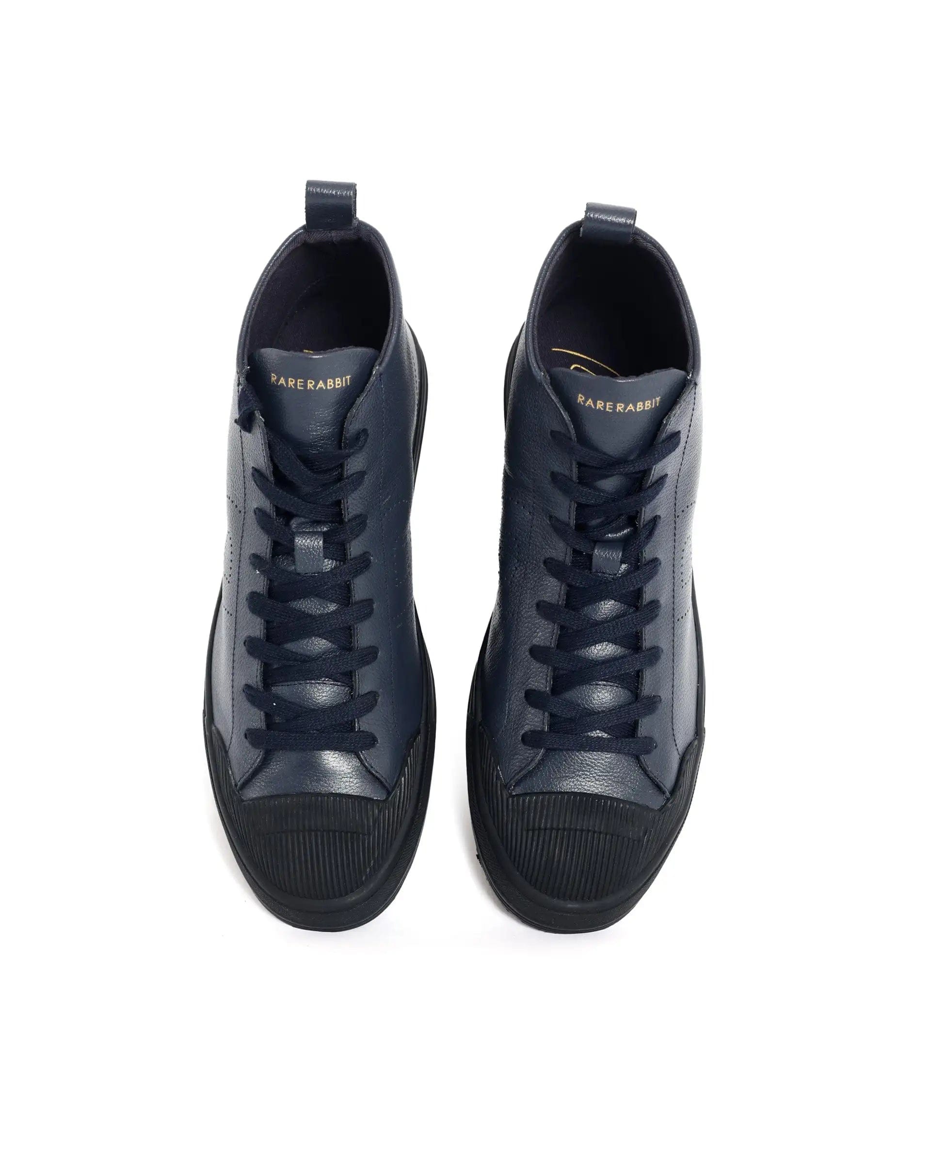 RAREZ Rare Rabbit Mens Sauron Hi Pro Navy Premium Milled Leather Lace Up High Top Round Toe Sneaker Shoes