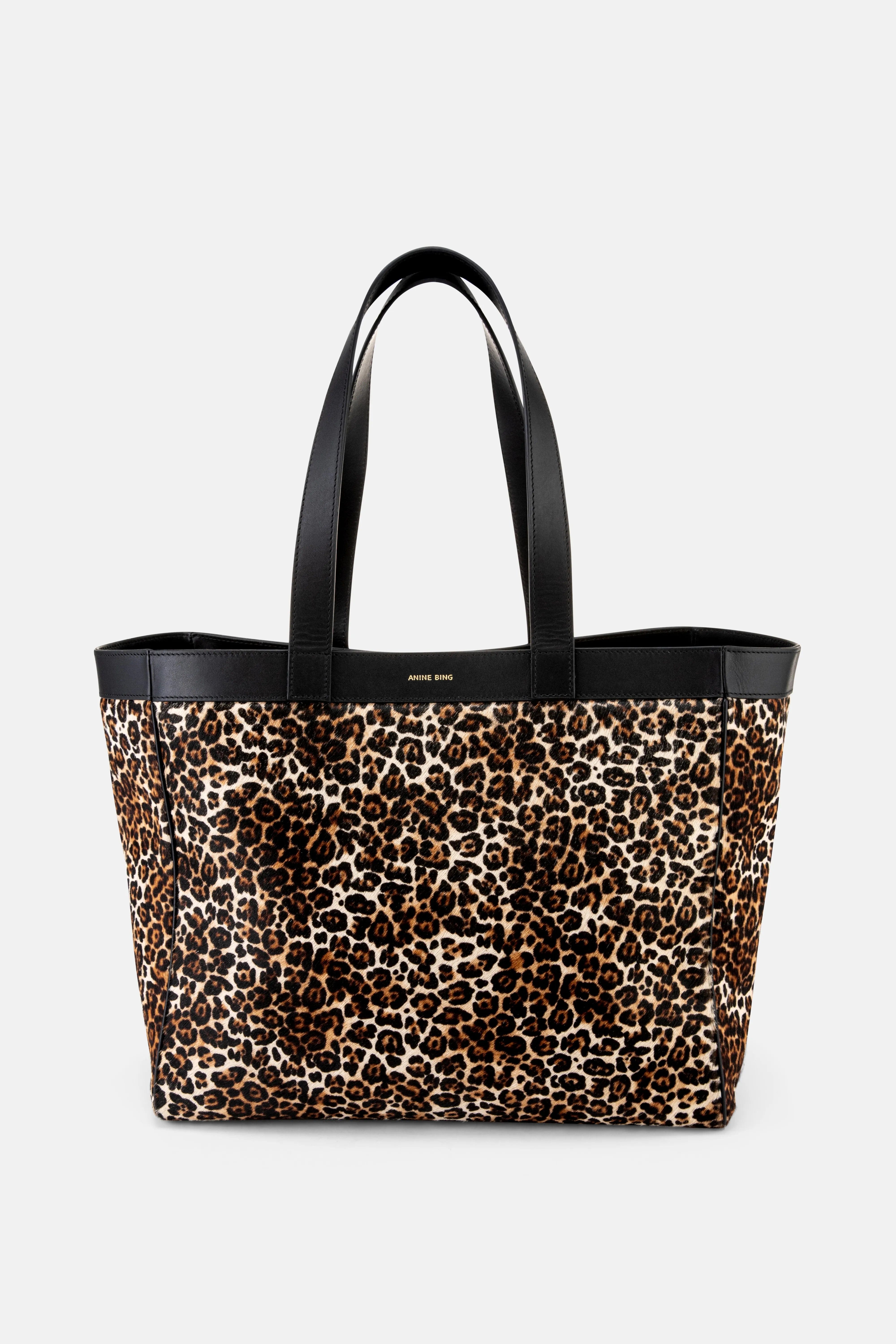 ANINE BING Rio Leopard Print Leather Medium Tote Bag in Beige