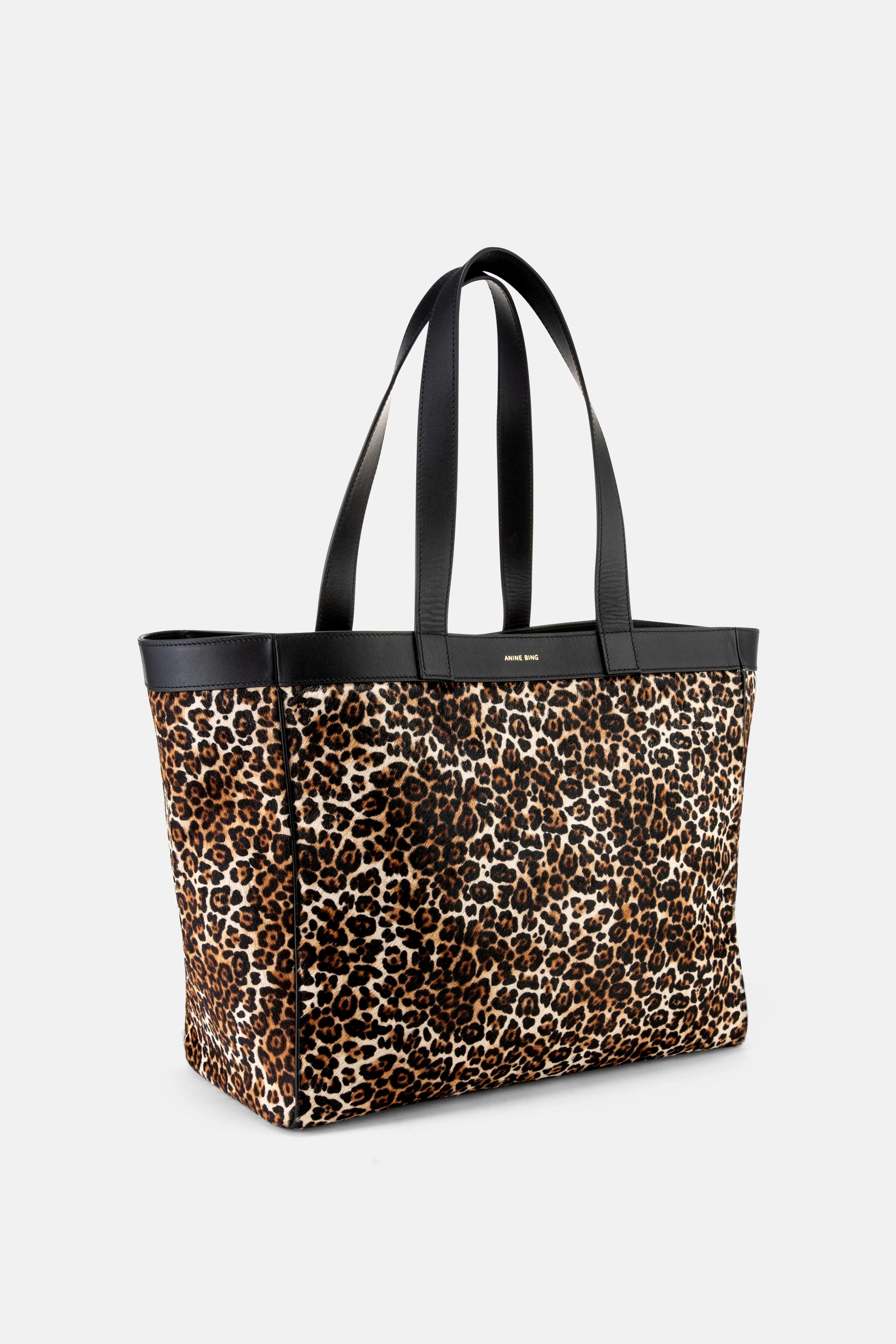 ANINE BING Rio Leopard Print Leather Medium Tote Bag in Beige