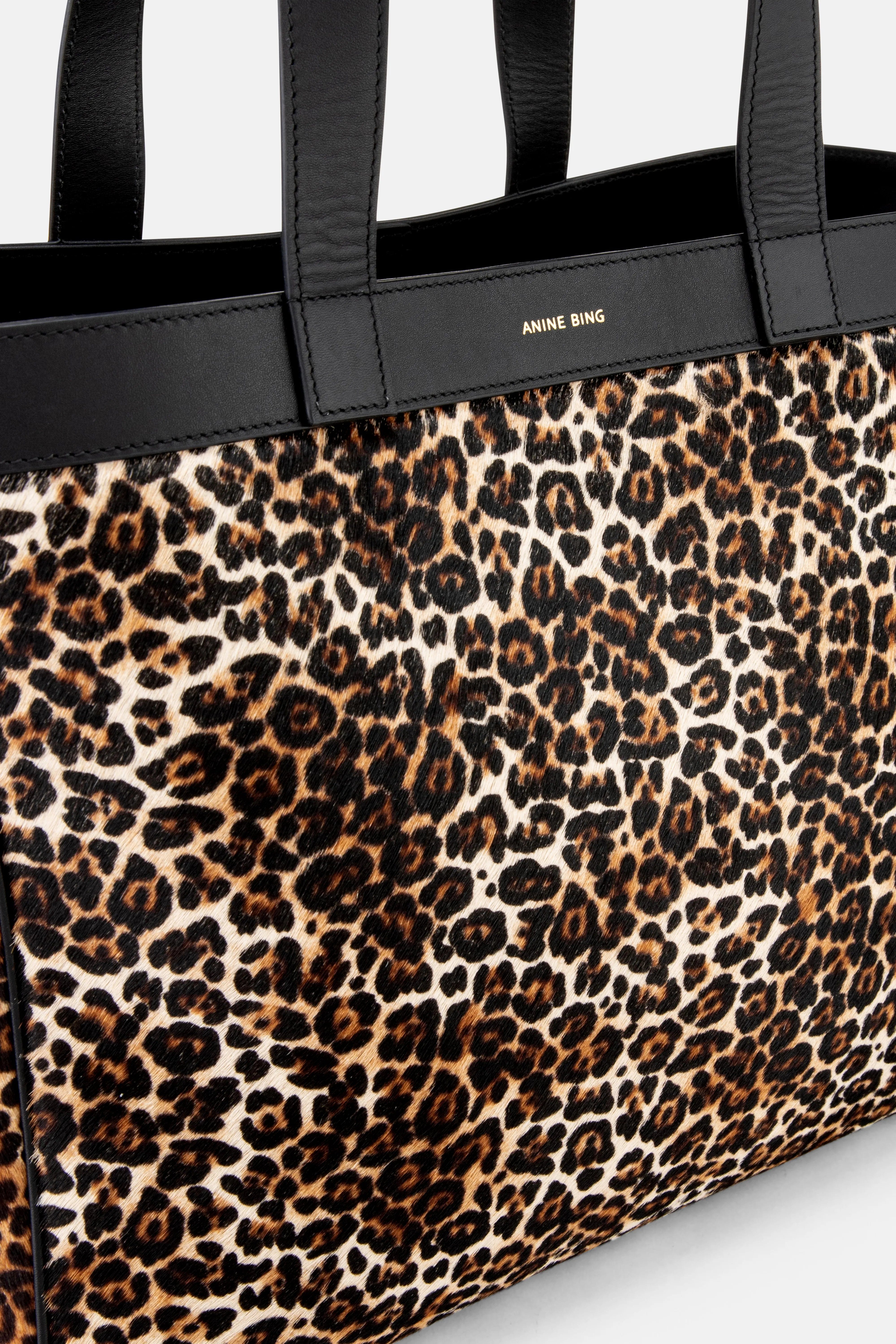ANINE BING Rio Leopard Print Leather Medium Tote Bag in Beige