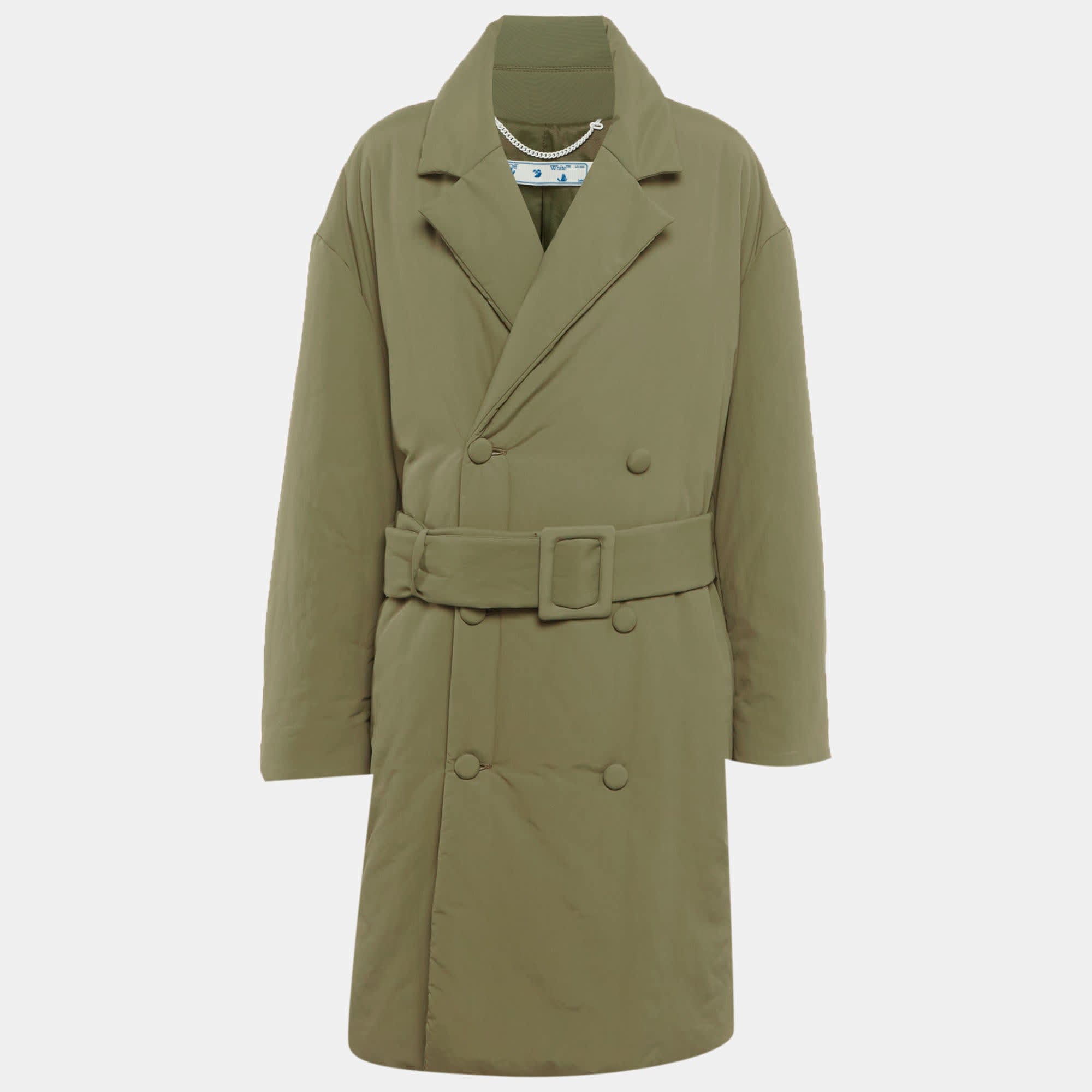 Off - White Green Synthetic Double Breasted Trench Coat