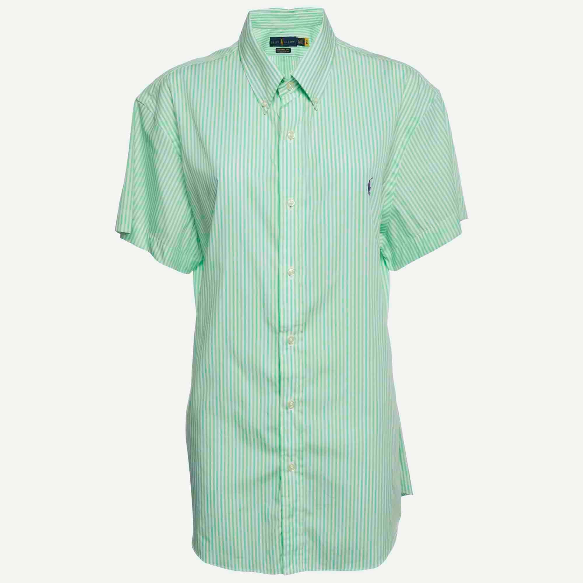 Ralph Lauren Green/white Stripe Cotton Stretch Short Sleeve Shirt