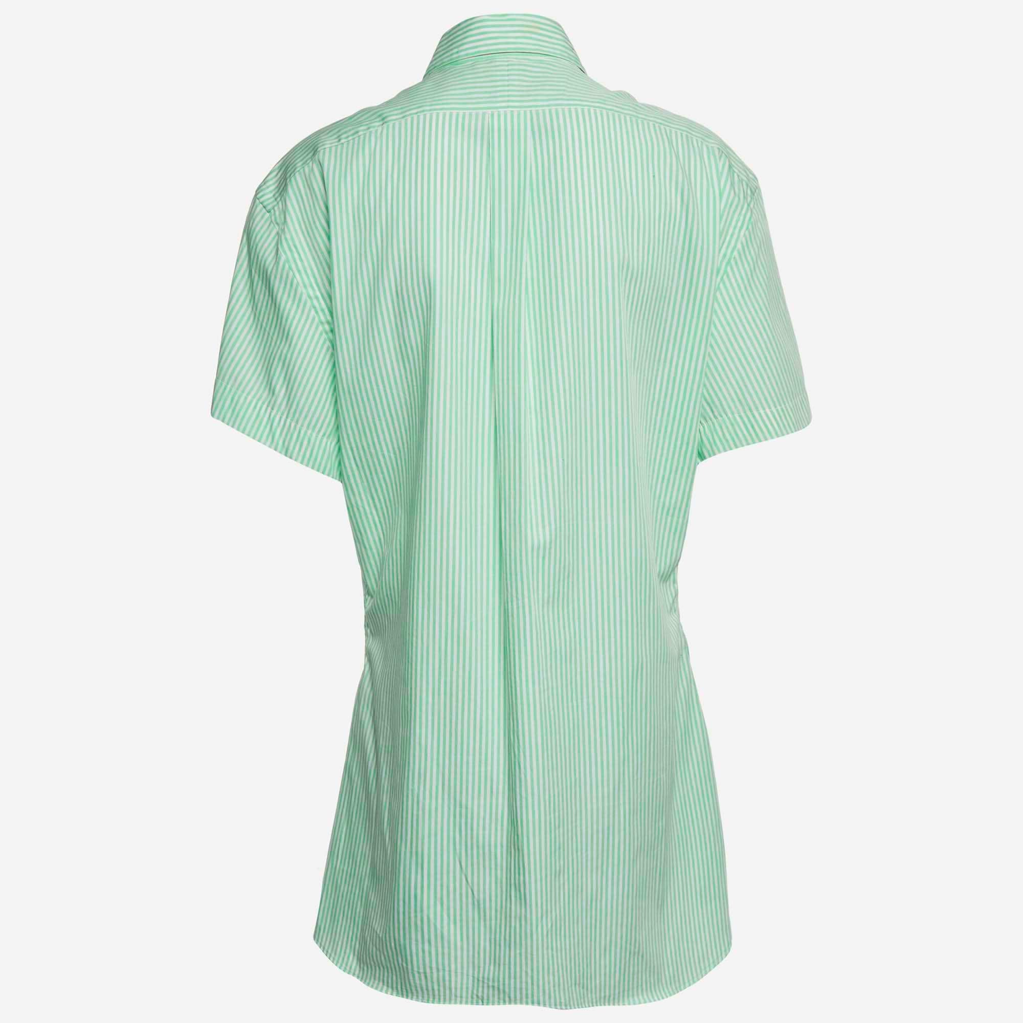 Ralph Lauren Green/white Stripe Cotton Stretch Short Sleeve Shirt