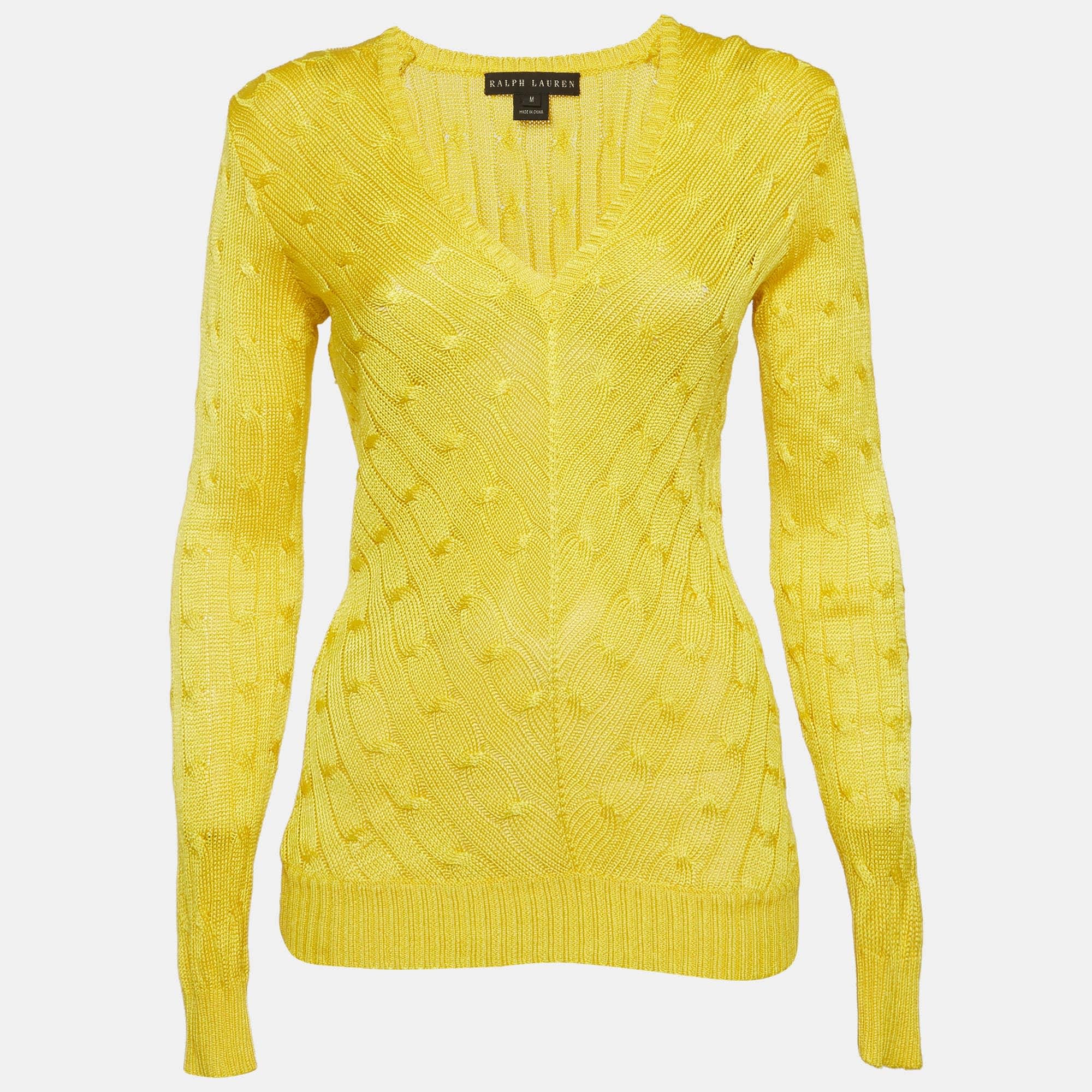 Ralph Lauren Yellow Cable Knit Silk V - Neck Sweater