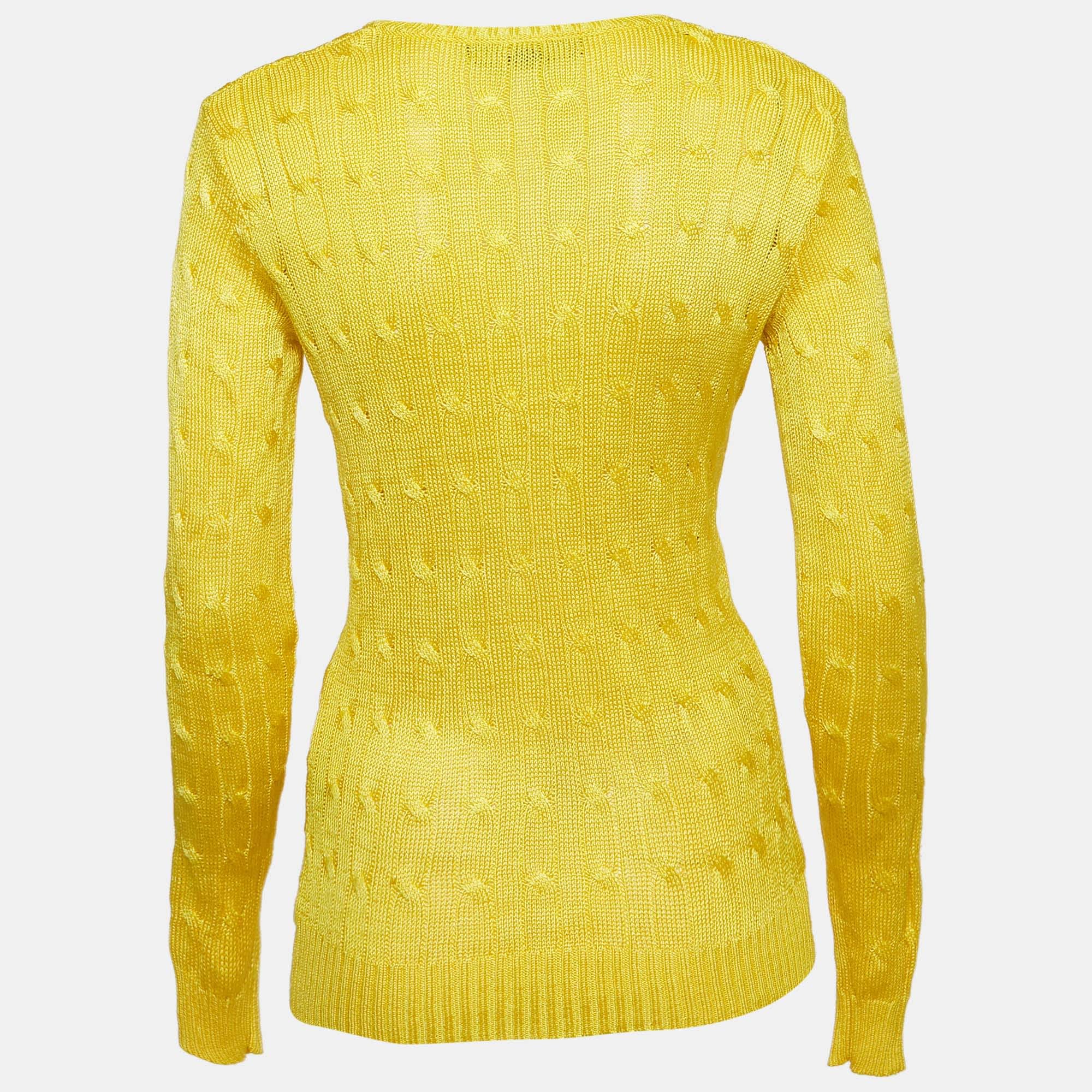 Ralph Lauren Yellow Cable Knit Silk V - Neck Sweater