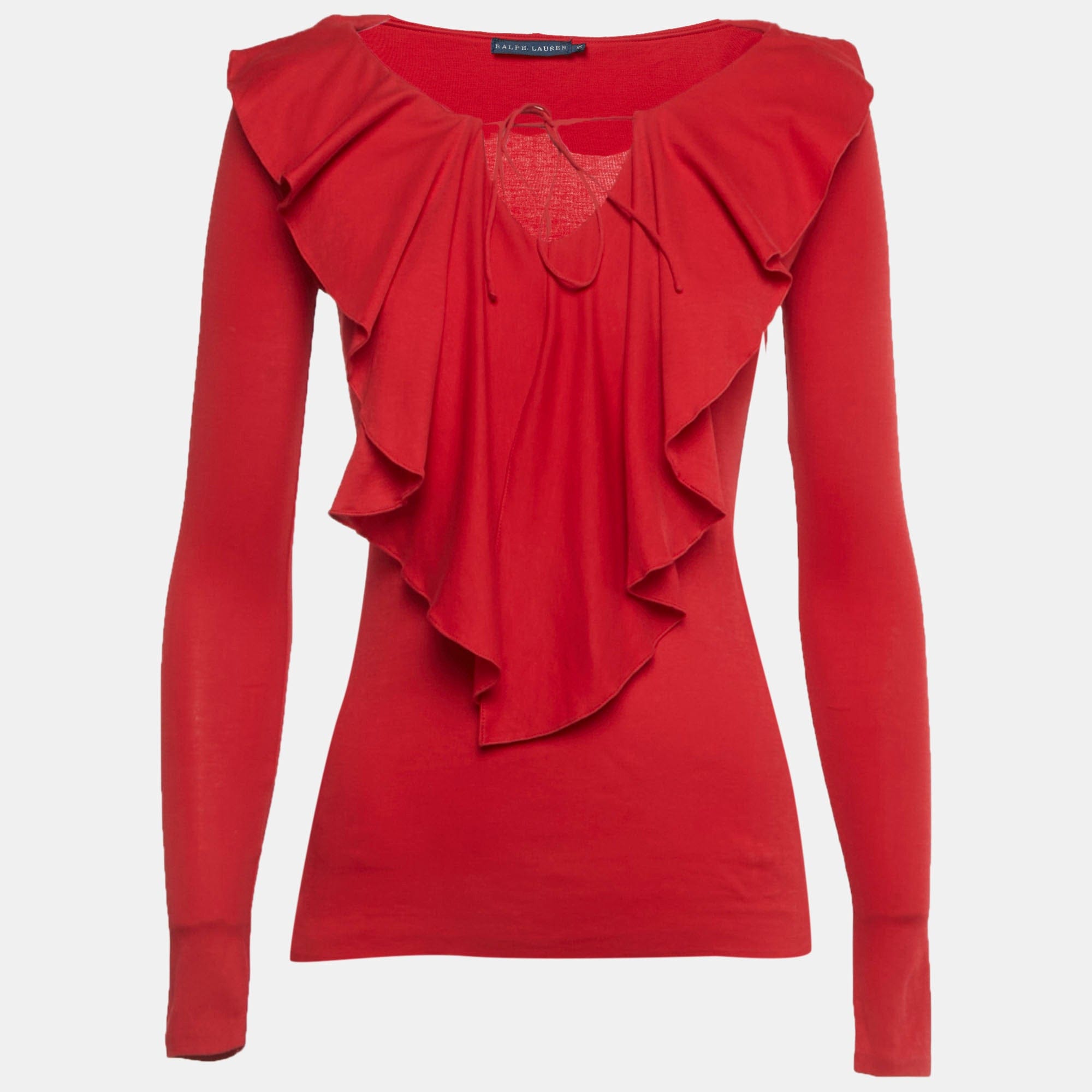 Ralph Lauren Red Jersey Ruffled Long Sleeve Top