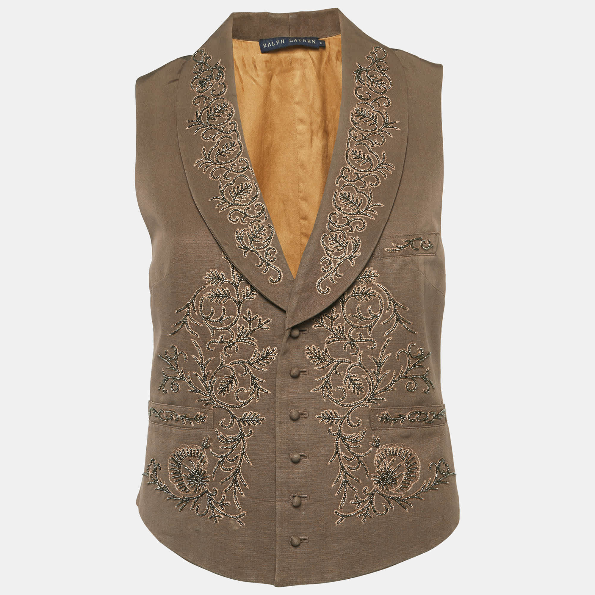 Ralph Lauren Brown Gabardine Floral Embroidered Waistcoat