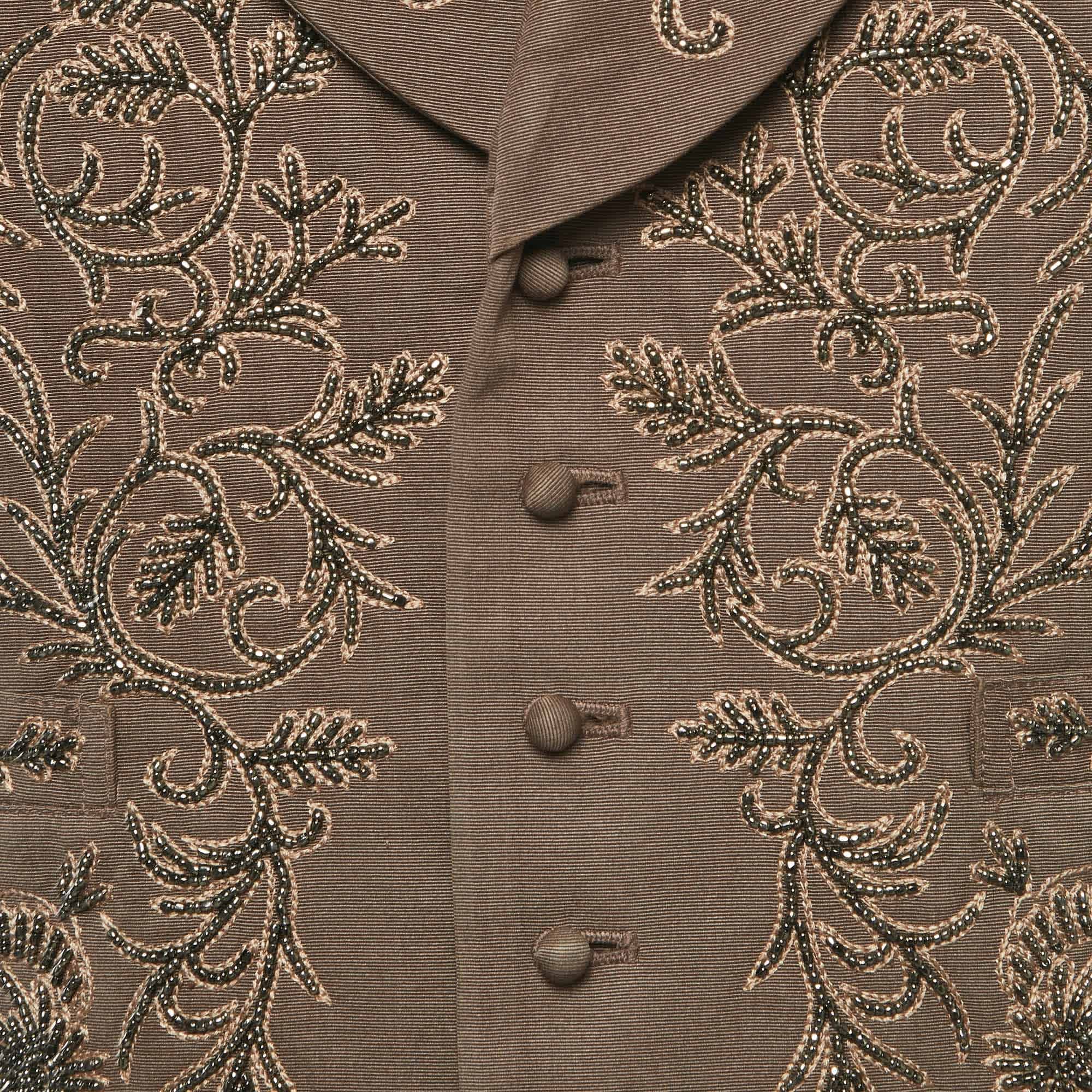 Ralph Lauren Brown Gabardine Floral Embroidered Waistcoat